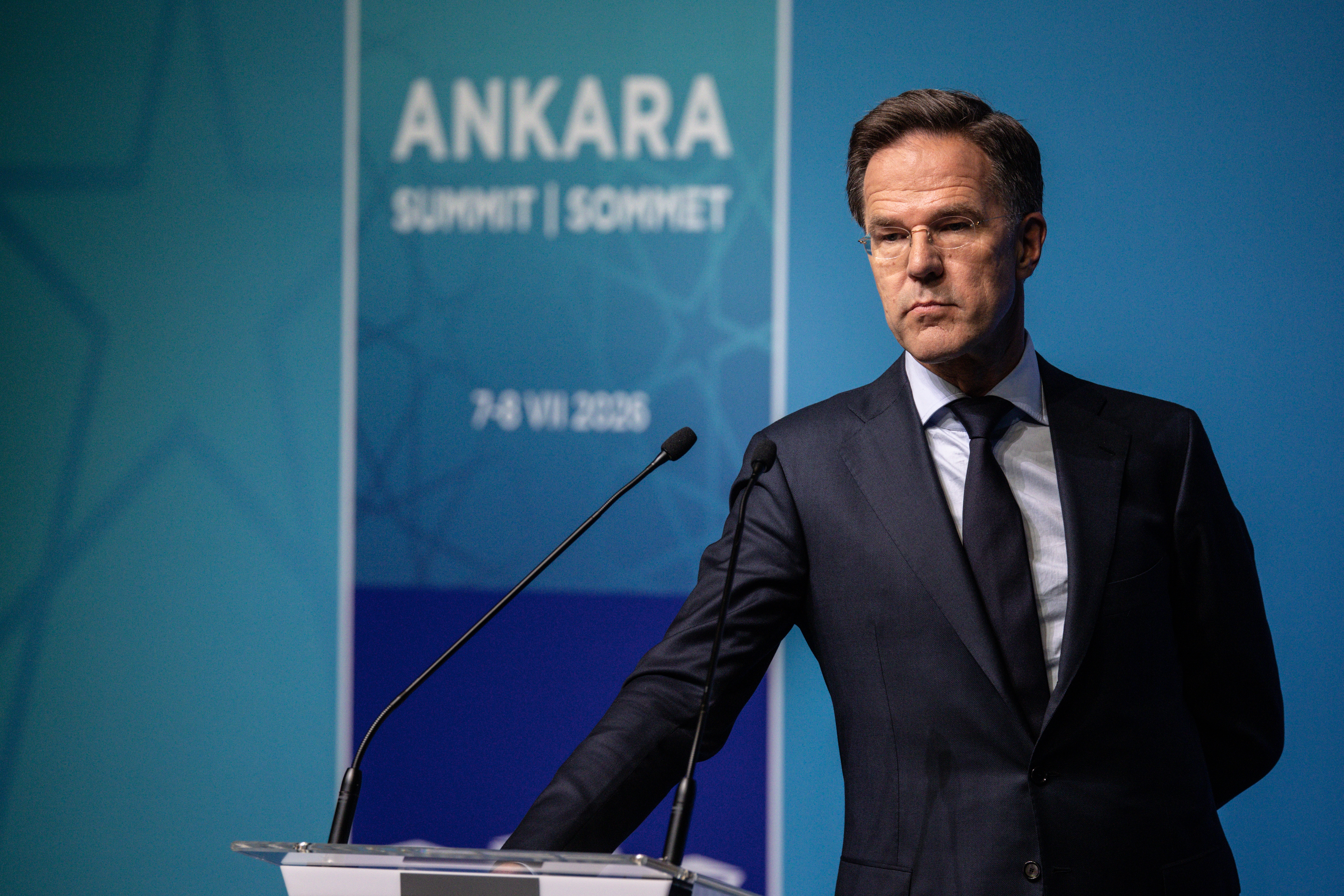 ANKARA, TURKEY - JULY 06: Mark Rutte, Secretary General of NATO speaks at the pre-summit press conference on July 06, 2026 in Ankara, Turkey. Ankara is preparing to host the NATO Summit 2026 on July 7–8, bringing together leaders from all 32 member states, including the President of the United States. (Photo by Chris McGrath/Getty Images)