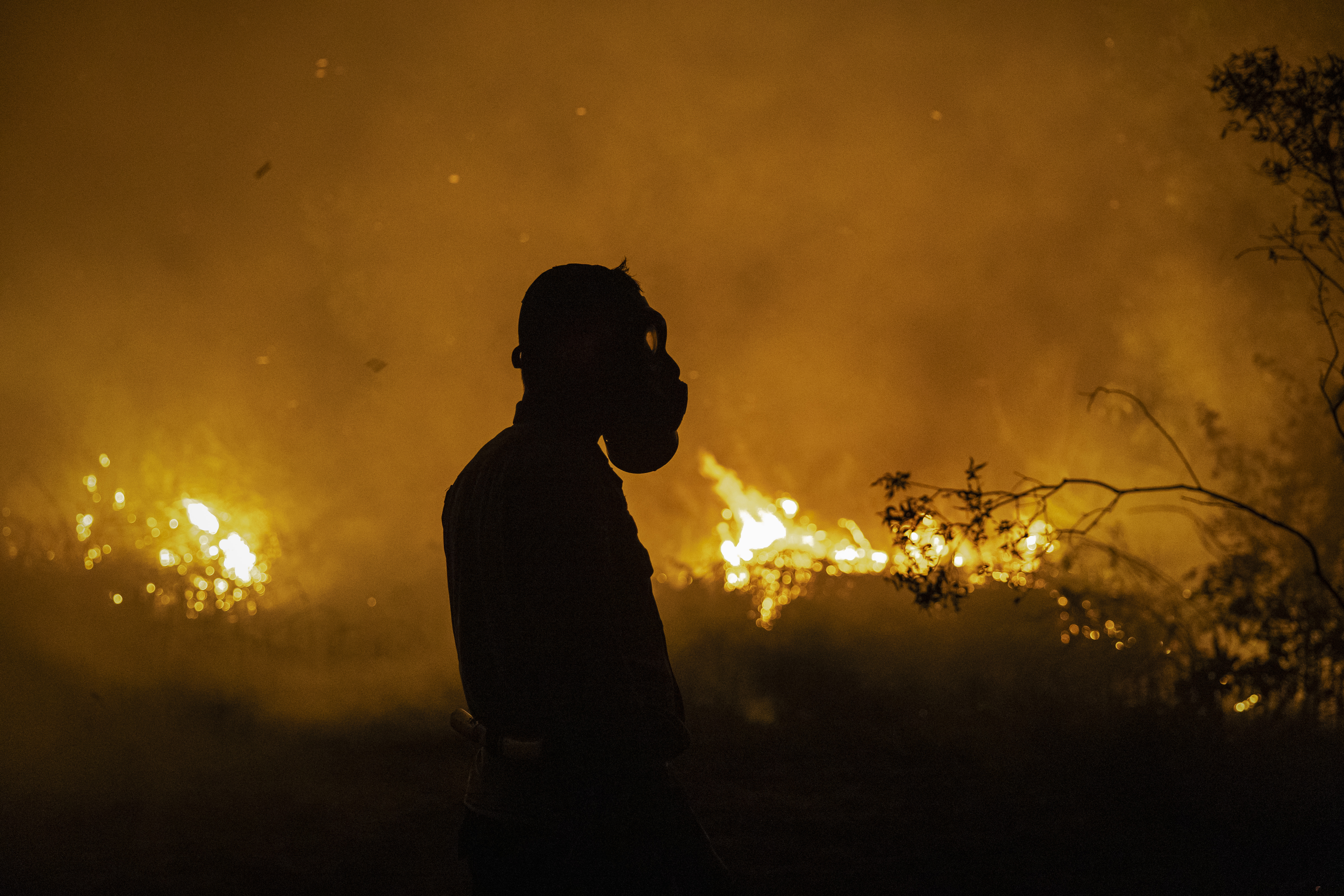 OGAN ILIR, SOUTH SUMATRA, INDONESIA - SEPTEMBER 23: A firefighter stands and attempts to extinguish a wildfire on burned peatland and fields on September 23, 2023 in Ogan Ilir, South Sumatra, Indonesia. At least six provinces in the country are battling ongoing forest fires as illegal blazes to clear land for agricultural plantation take control causing respiratory illnesses and biodiversity loss. The nation’s meteorology agency forecasted that Indonesia is likely to experience the most severe dry season since 2019 as the country enters the hottest day of this year’s El Nino-induced dry season. (Photo by Ulet Ifansasti/Getty Images)