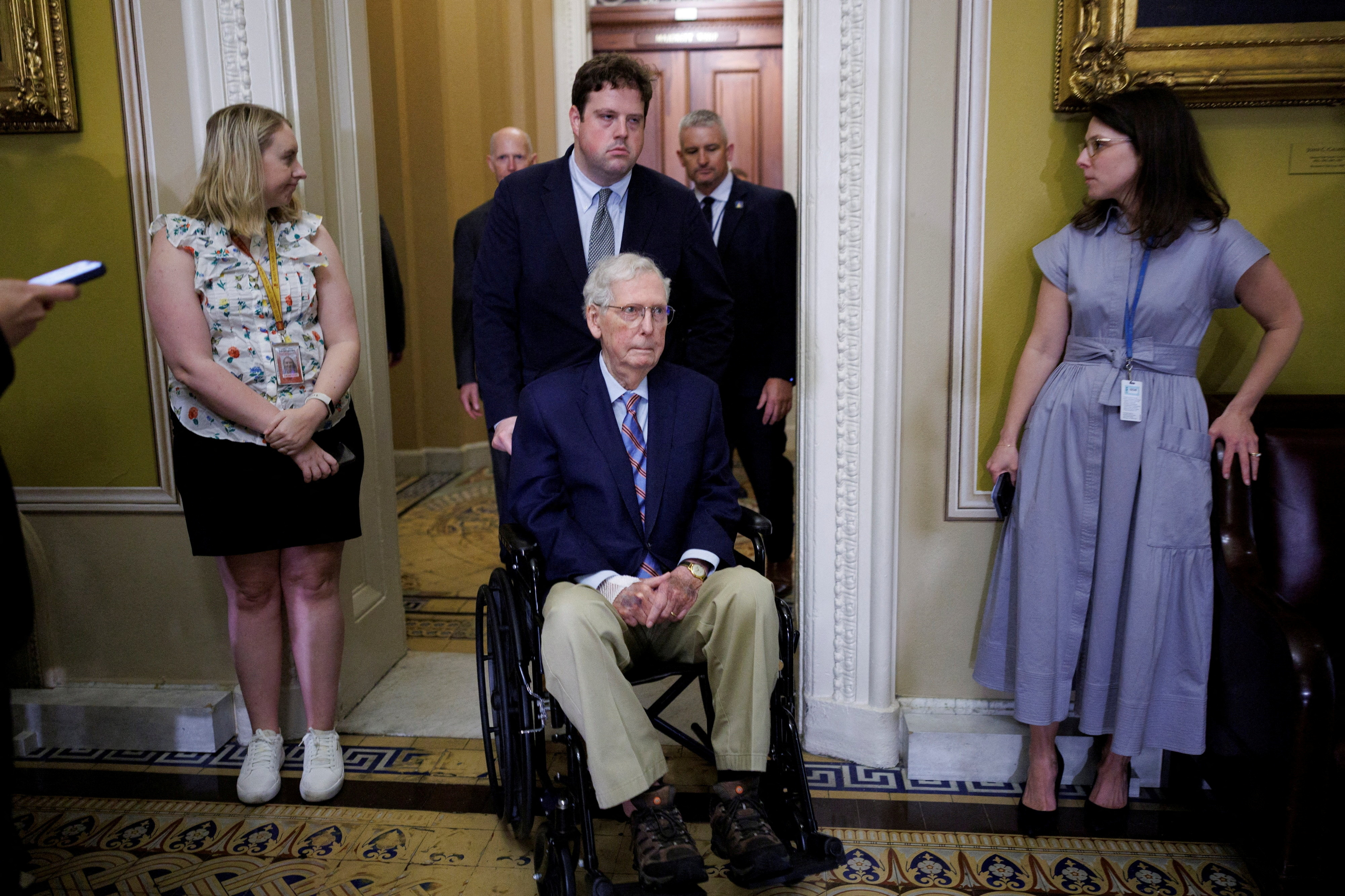 FILE PHOTO: U.S. Senator Mitch McConnell (R-KY) is taken into a weekly policy lunch on Capitol Hill in Washington, D.C., U.S., May 19, 2026. REUTERS/Tom Brenner/File Photo