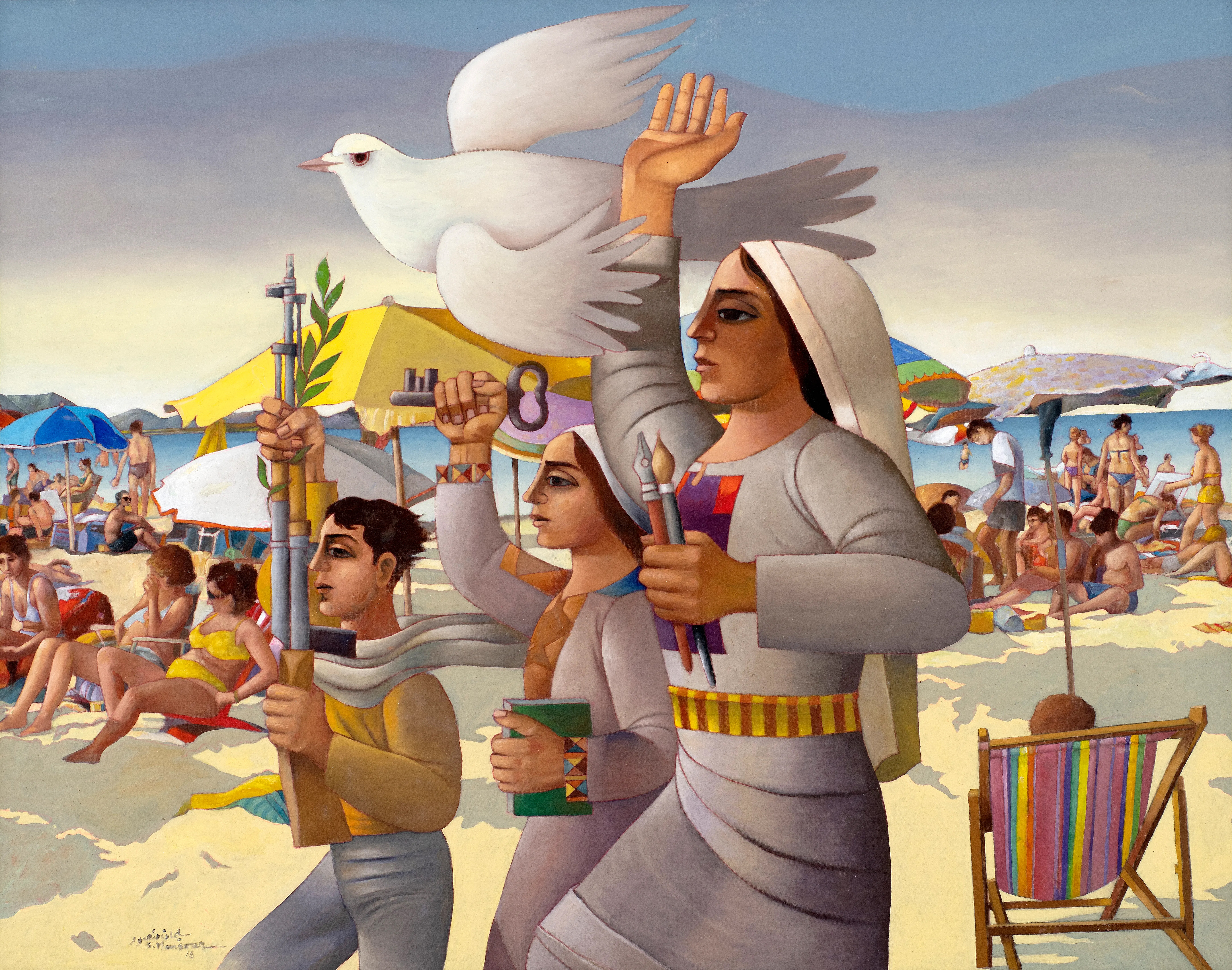 The work, titled “The Sea Is Mine” (2016), depicts a symbolic scene of three Palestinian figures—a woman, a girl, and a child—walking on the beach with their hands raised. They hold prominent Palestinian symbols: a pen, a paintbrush, a rifle, an olive branch, and the key of return. Above them, a white dove, symbolizing peace, hovers. In the background, the beach is visible. This composition expresses the steadfastness of the Palestinian people in the face of marginalization and occupation. (Al Jazeera, courtesy of Suleiman Mansour)