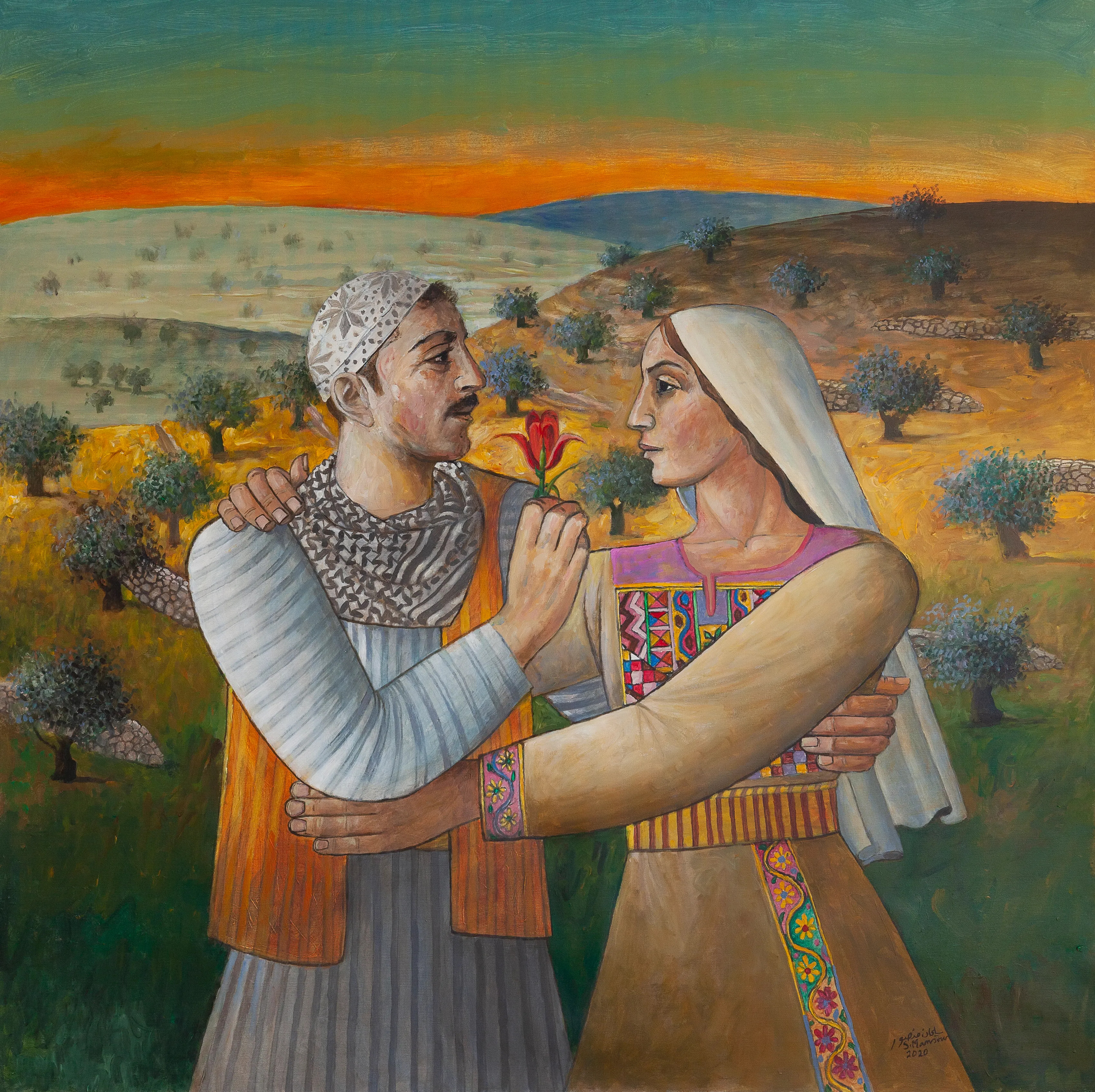 The painting “Wild Lily of Galilee” (2020) symbolizes love, identity, and the eternal spirit of Palestine through its poetic symbolism and cultural heritage (Al Jazeera, courtesy of Suleiman Mansour).