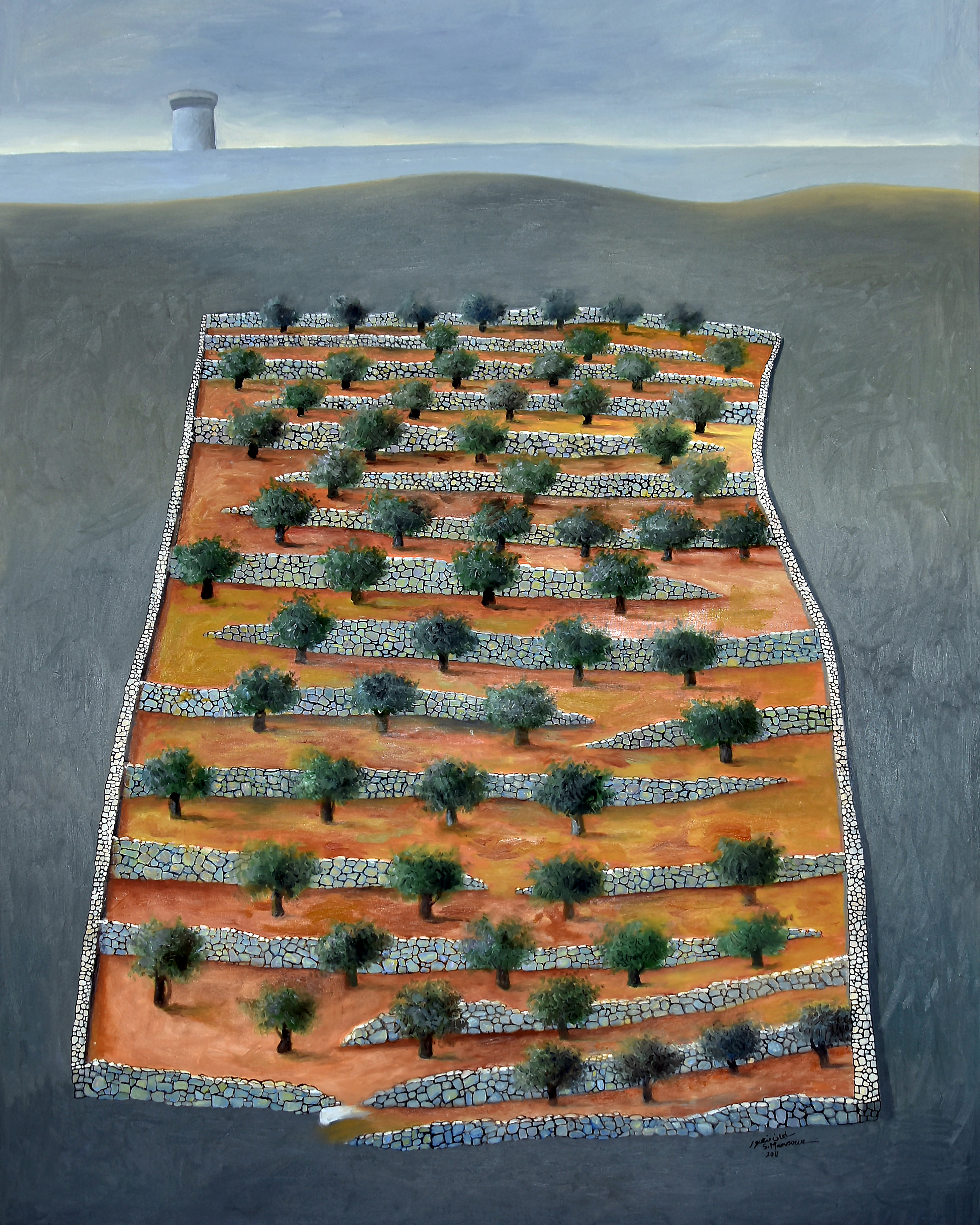 The painting “Olive Grove” depicts a natural scene featuring stone terraces and olive trees (Al Jazeera, courtesy of Suleiman Mansour).