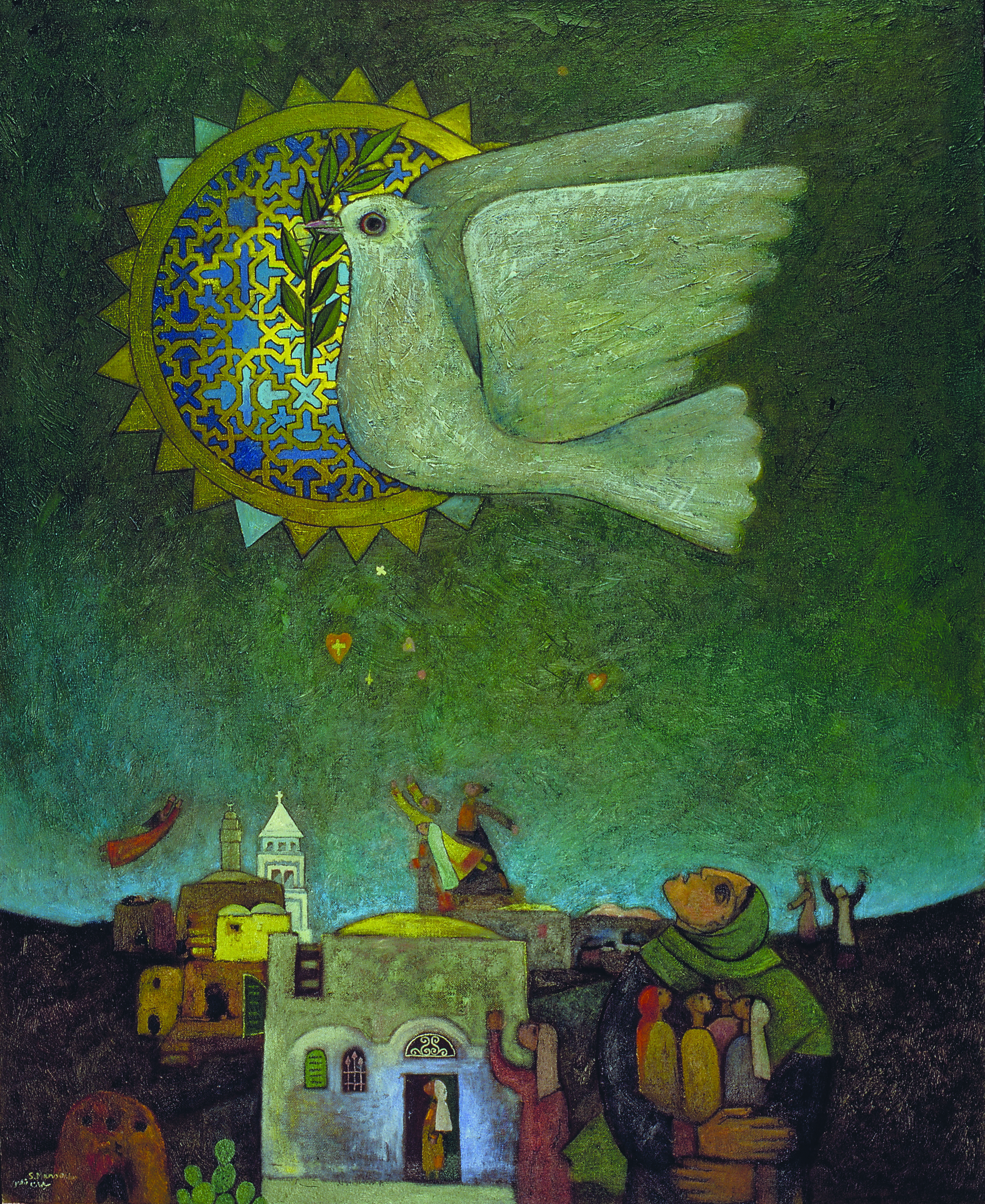 The Palestinian artist Suleiman Mansour's work, titled “Symbol of Hope” (1985), depicts a symbolic scene of a Palestinian village, where its inhabitants look up at the sky in a moment of contemplation, to see a dove of peace flying above them (Al Jazeera, courtesy of Suleiman Mansour).