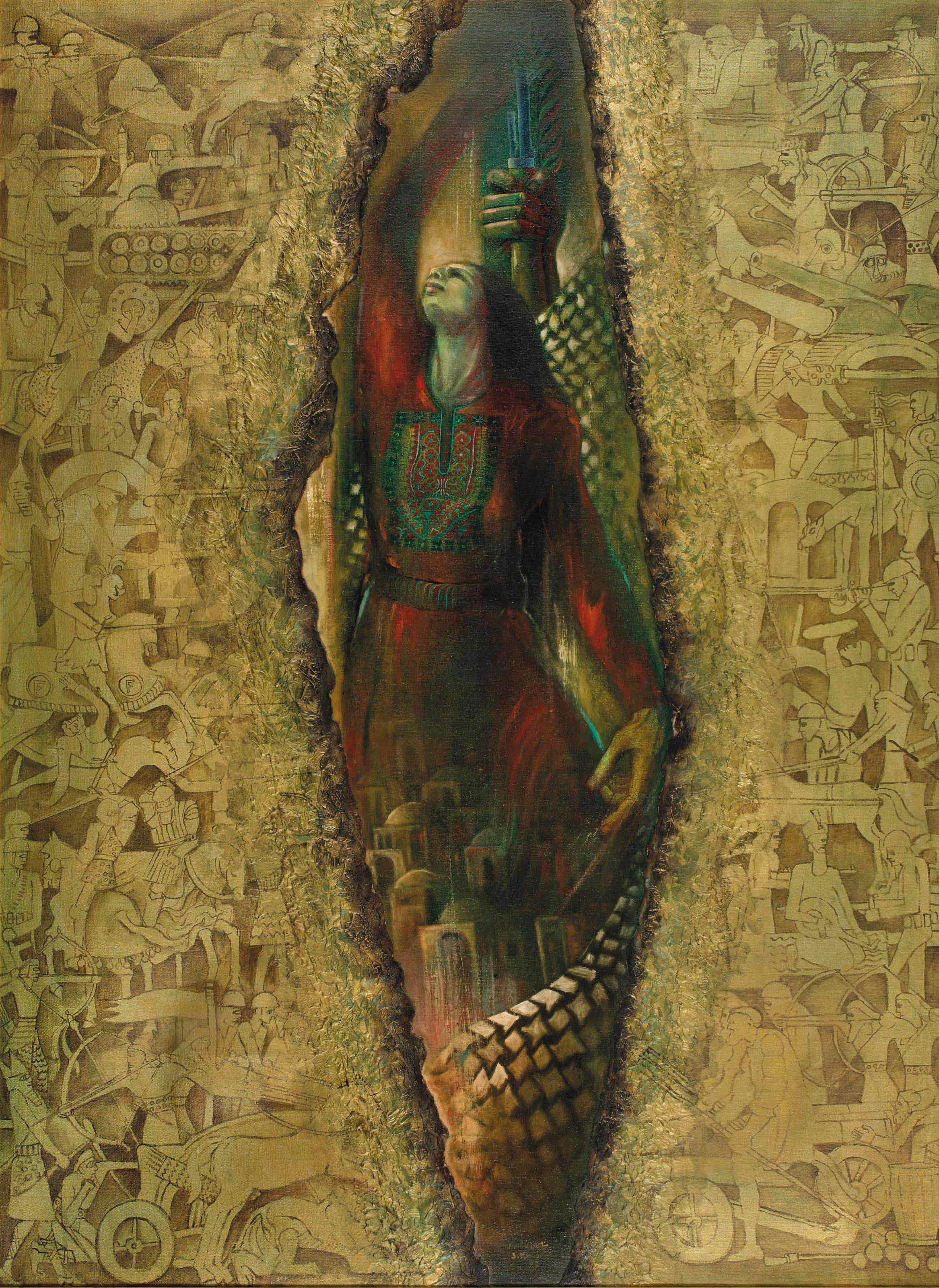 A painting titled “The Renaissance,” 1977, depicts an emerging woman triumphantly from a map of the historic Holy Land, a symbol of resurrection and the Palestinian narrative of revolutionary revival. Details such as traditional dress, a hand holding a rifle, and depictions of houses and walls of Old Jerusalem underscore the deep roots and enduring foundations of the Palestinian people. (Al Jazeera,