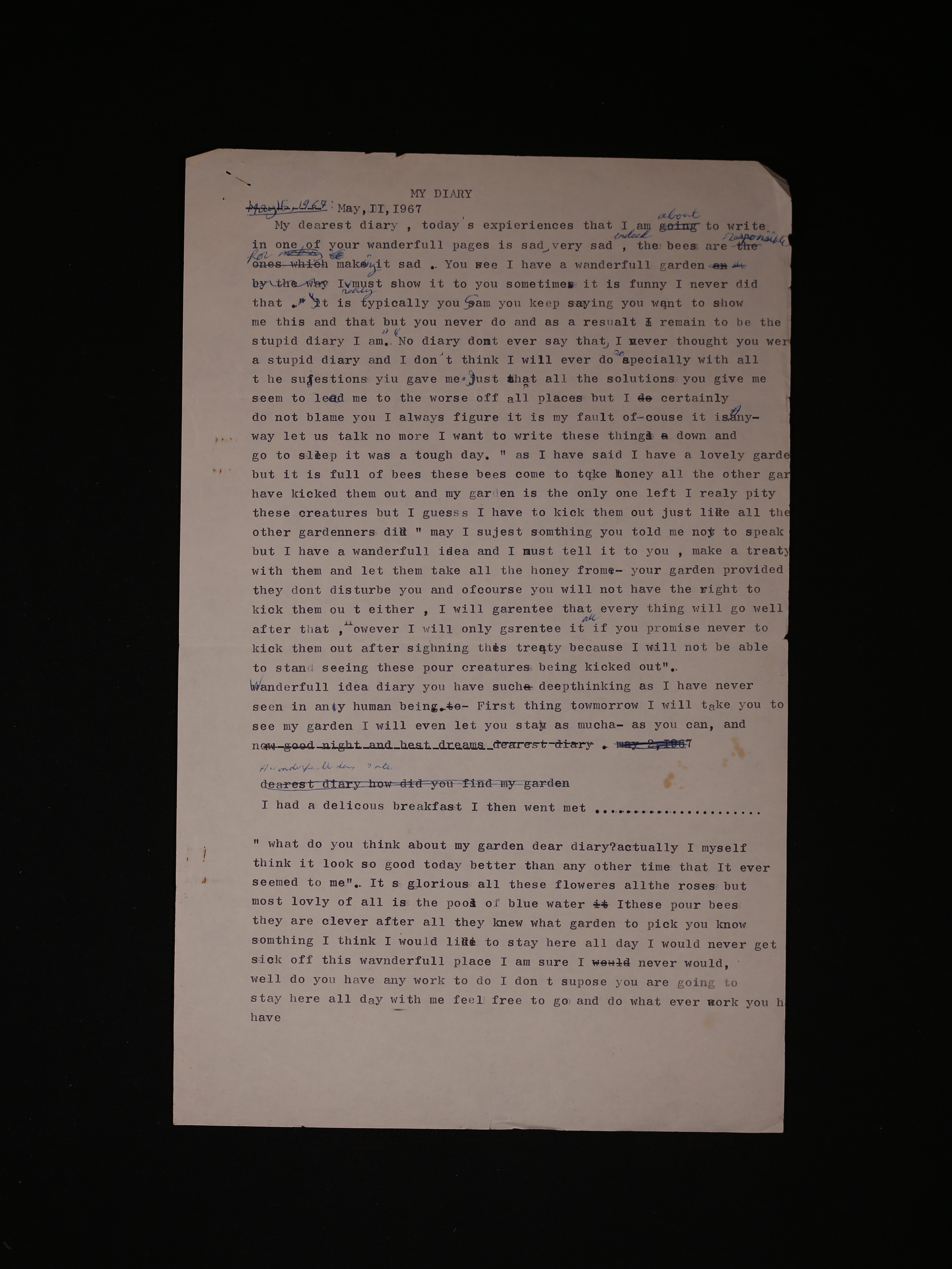 Raja Shehadeh’s first diary entry, dated May 11, 1967 [Courtesy of Raja Shehadeh]