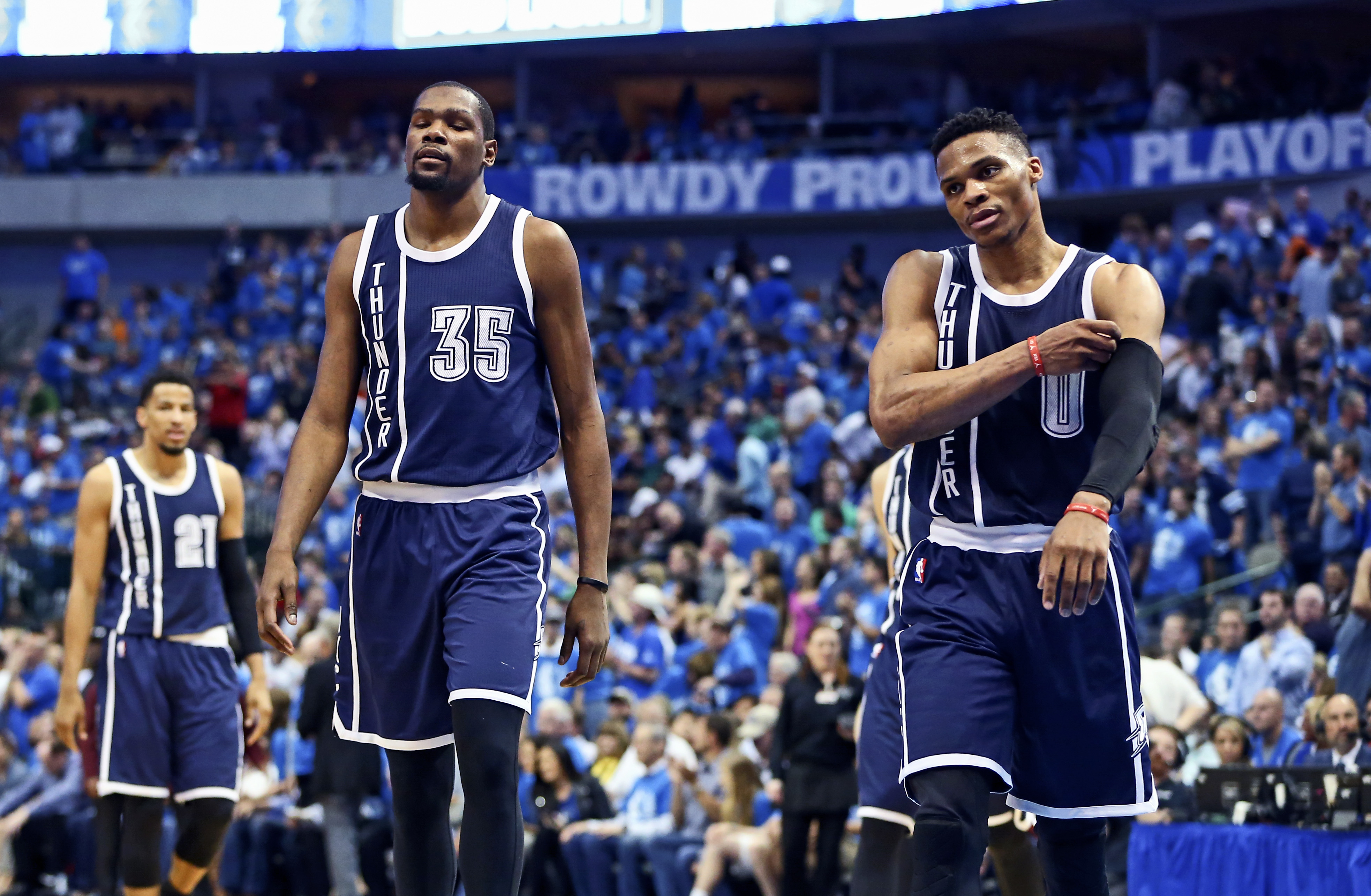 Russell Westbrook (R) and then-Oklahoma Thunder All-Star teammate Kevin Durant made the NBA Finals together in 2012
