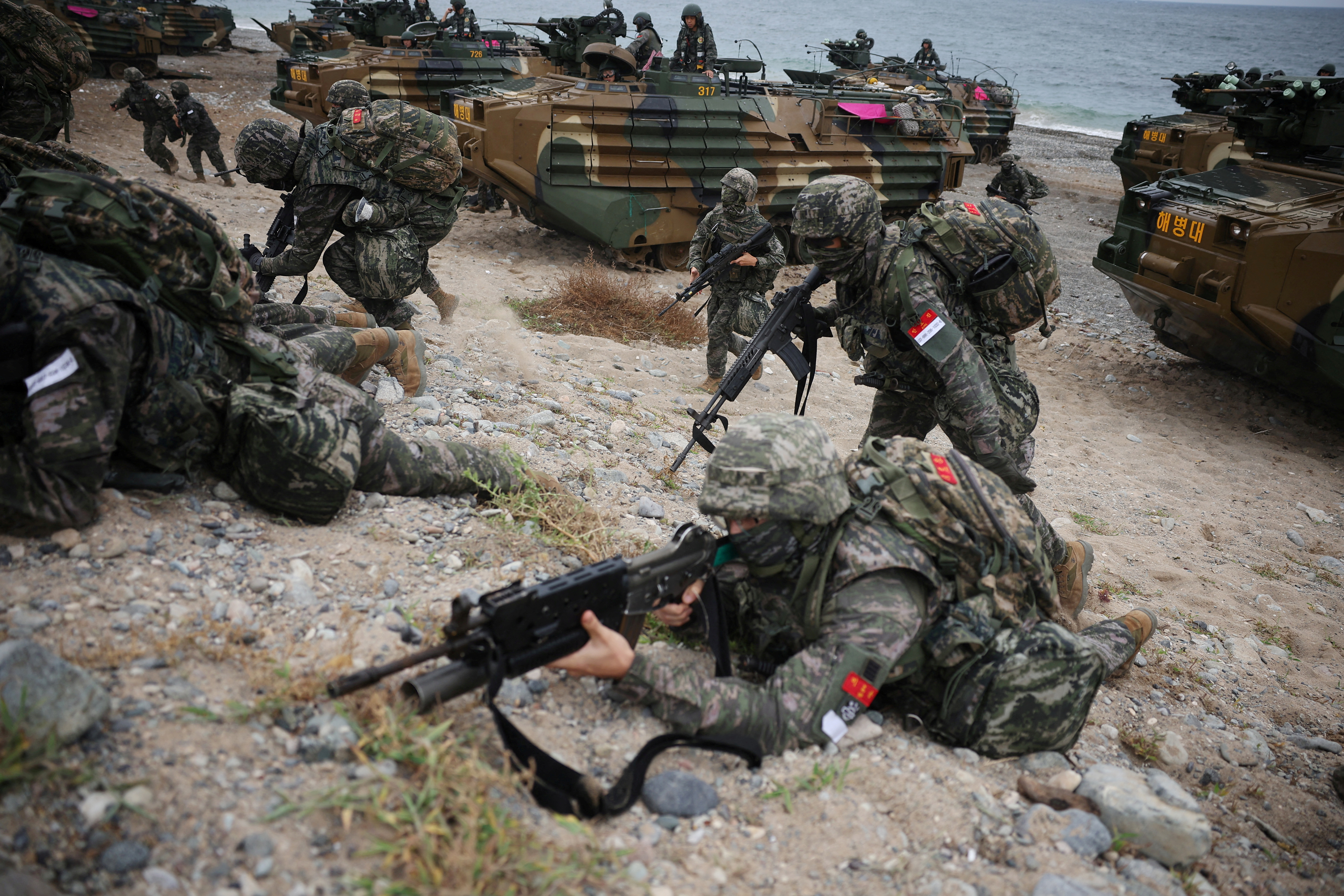 South Korean marines take part in the US-South Korea amphibious landing drill in Pohang in September 2024