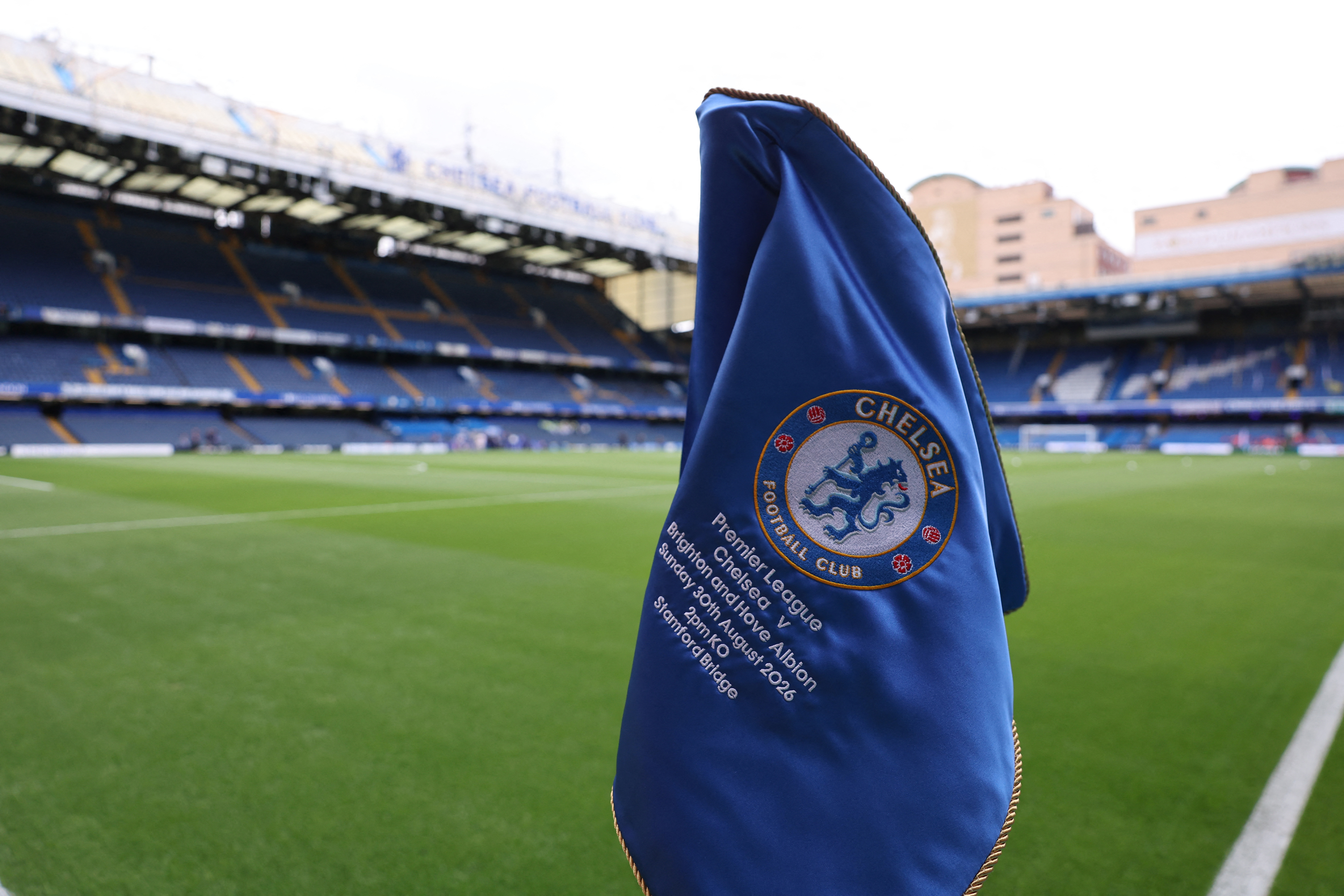 Soccer Football - Premier League - Chelsea v Brighton & Hove Albion - Stamford Bridge, London, Britain - August 30, 2026 General view of a corner flag inside the stadium before the match REUTERS/David Klein EDITORIAL USE ONLY. NO USE WITH UNAUTHORIZED AUDIO, VIDEO, DATA, FIXTURE LISTS, CLUB/LEAGUE LOGOS OR 'LIVE' SERVICES. ONLINE IN-MATCH USE LIMITED TO 120 IMAGES, NO VIDEO EMULATION. NO USE IN BETTING, GAMES OR SINGLE CLUB/LEAGUE/PLAYER PUBLICATIONS. PLEASE CONTACT YOUR ACCOUNT REPRESENTATIVE FOR FURTHER DETAILS..