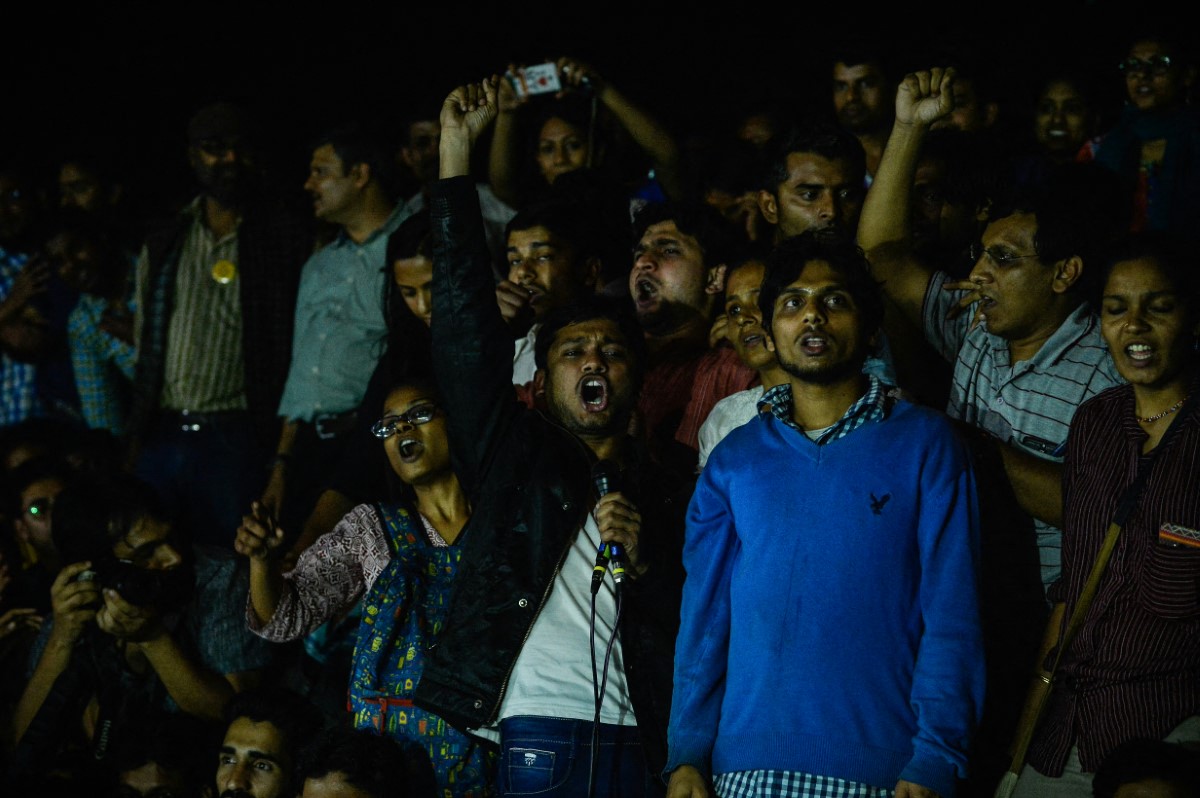 Indian student union leader Kanhaiya Kumar, centre, shouts slogans as he addresses students and activists at Jawaharlal Nehru University (JNU) in New Delhi on March 3, 2016