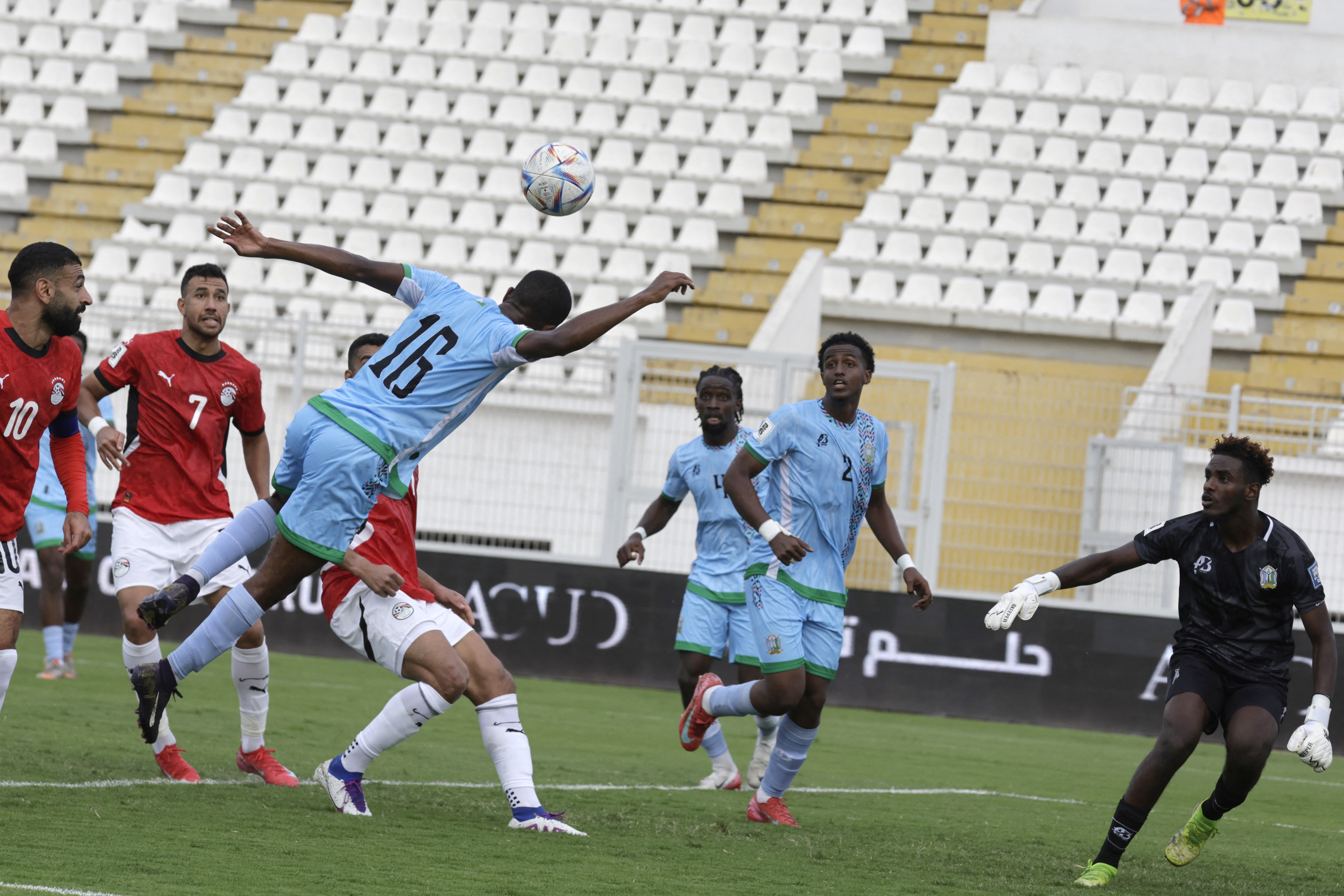 Djibouti's defender #16 Yabe Siad heads the ball clear during the FIFA World Cup 2026 Africa qualifier football match between Djibouti and Egypt at the Larbi Zaouli Stadium in Casablanca on October 8, 2025. (Photo by Abdel Majid BZIOUAT / AFP)