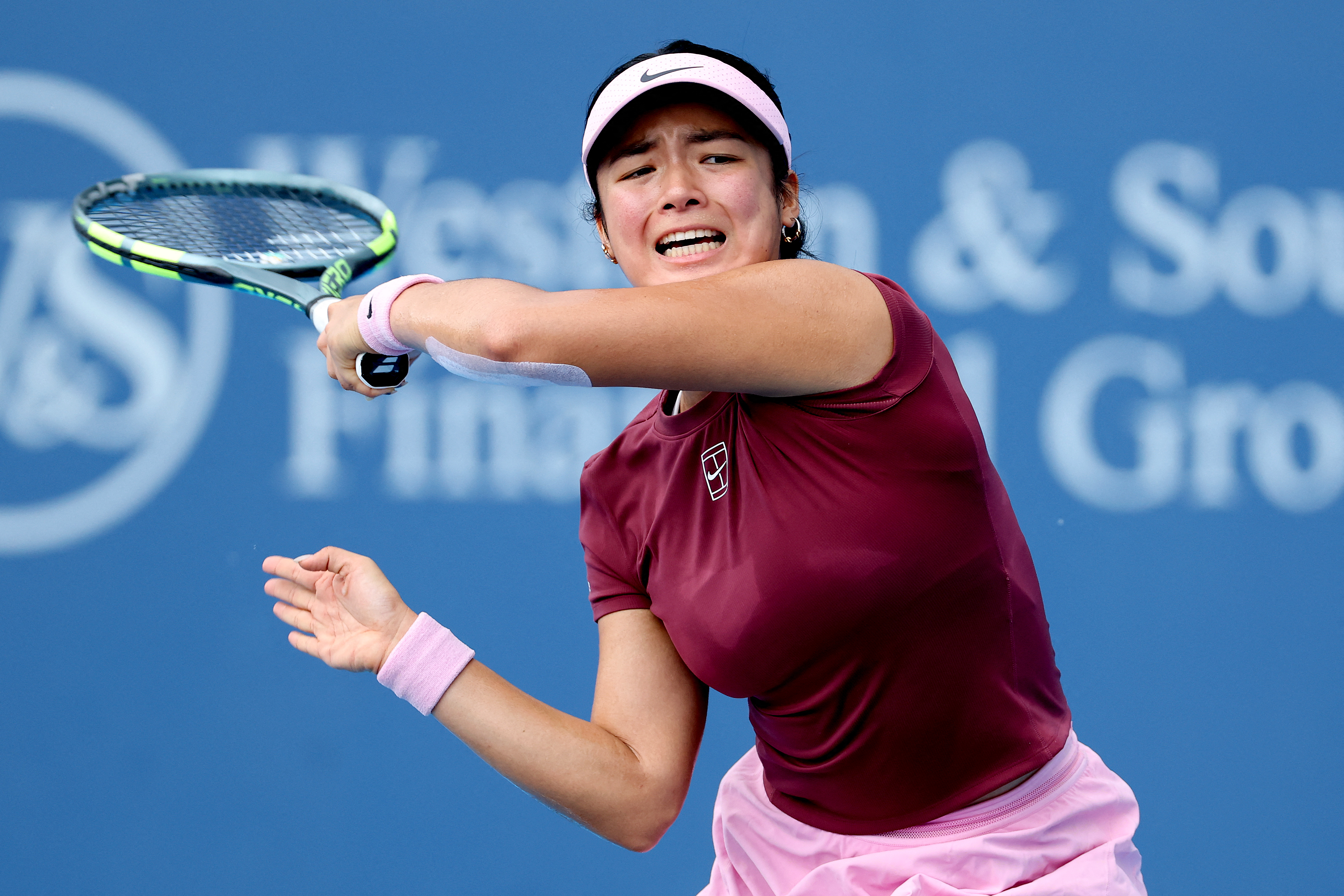 Alexandra Eala of the Philippines returns a shot to Elena-Gabriela Ruse of Romania during day 5 of the Cincinnati Open
