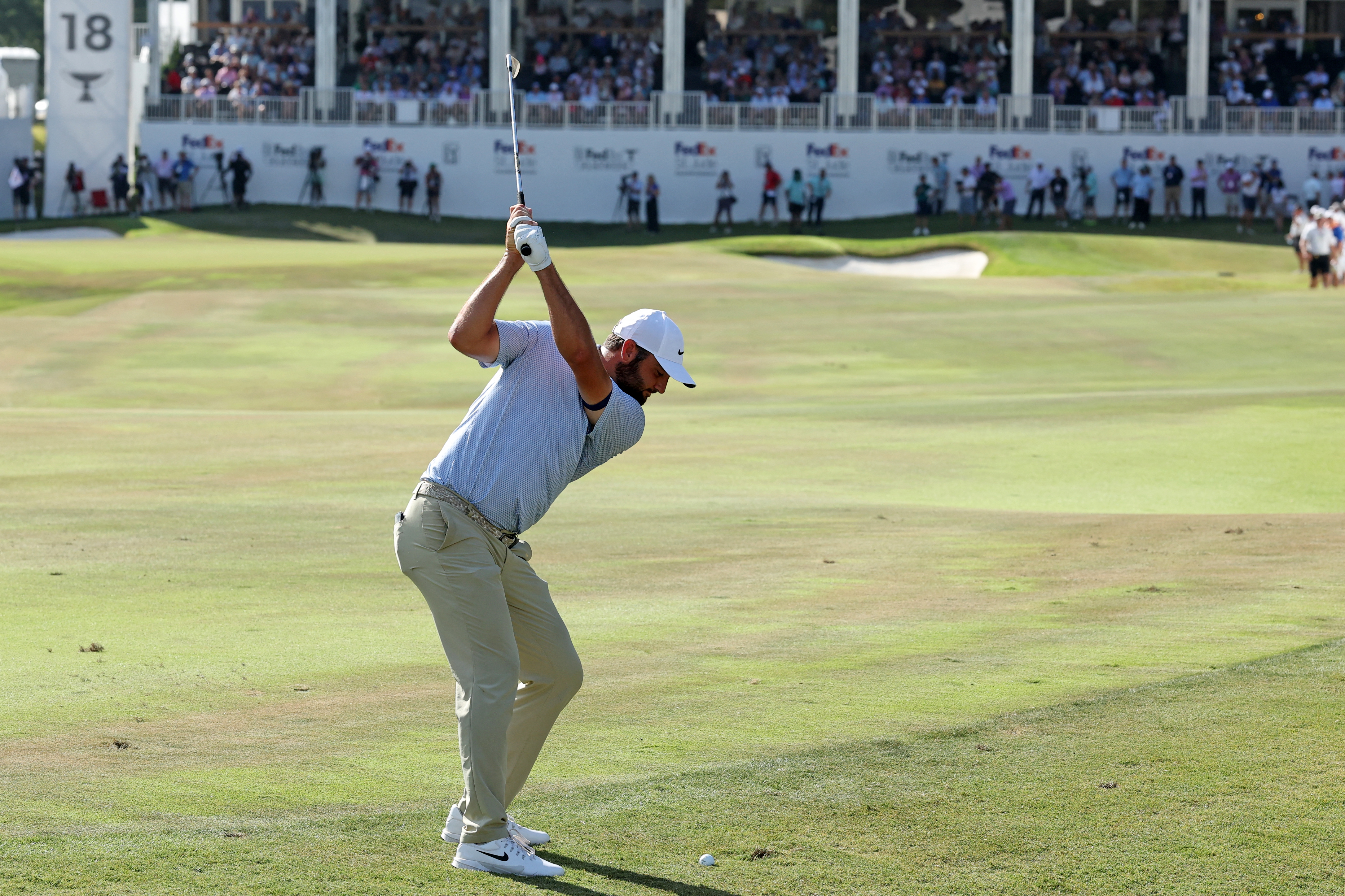 Scheffler plays a shot on the 18th hole during the final round of the St Jude Championship on August 16, 2026