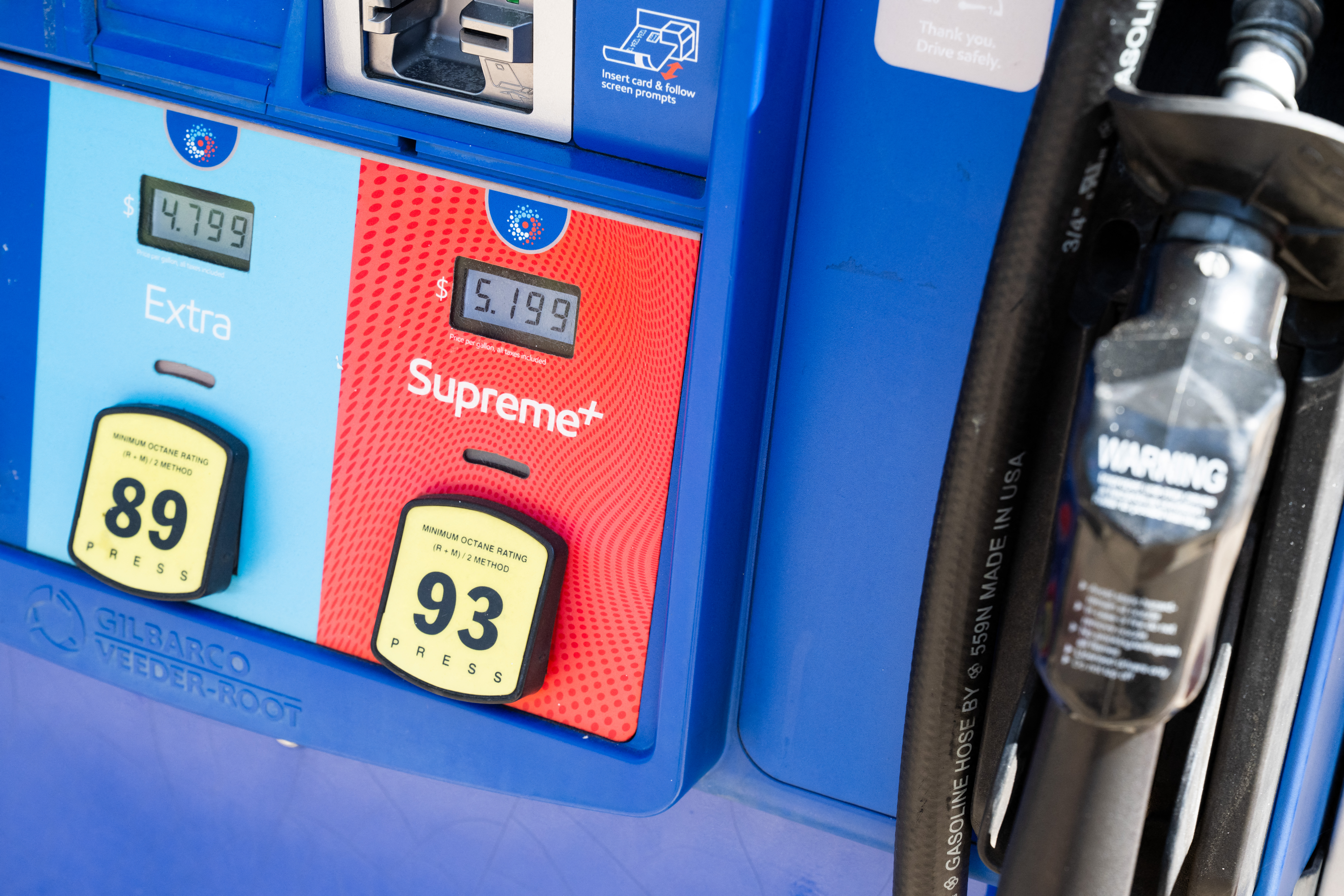 Gas prices are seen on a gas pump at an Exxon Gas Station in Falls Church, Virginia, US