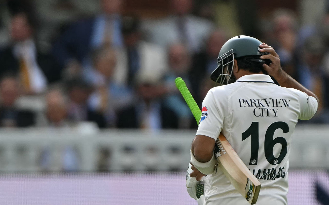 Pakistan's Mohammad Rizwan reacts as he walks back to the pavilion having lost his wicket for 1 run on day four of the second test match between England and Pakistan at Lord's cricket ground in London on August 30, 2026. (Photo by Glyn KIRK / AFP) / RESTRICTED TO EDITORIAL USE. NO ASSOCIATION WITH DIRECT COMPETITOR OF SPONSOR, PARTNER, OR SUPPLIER OF THE ECB