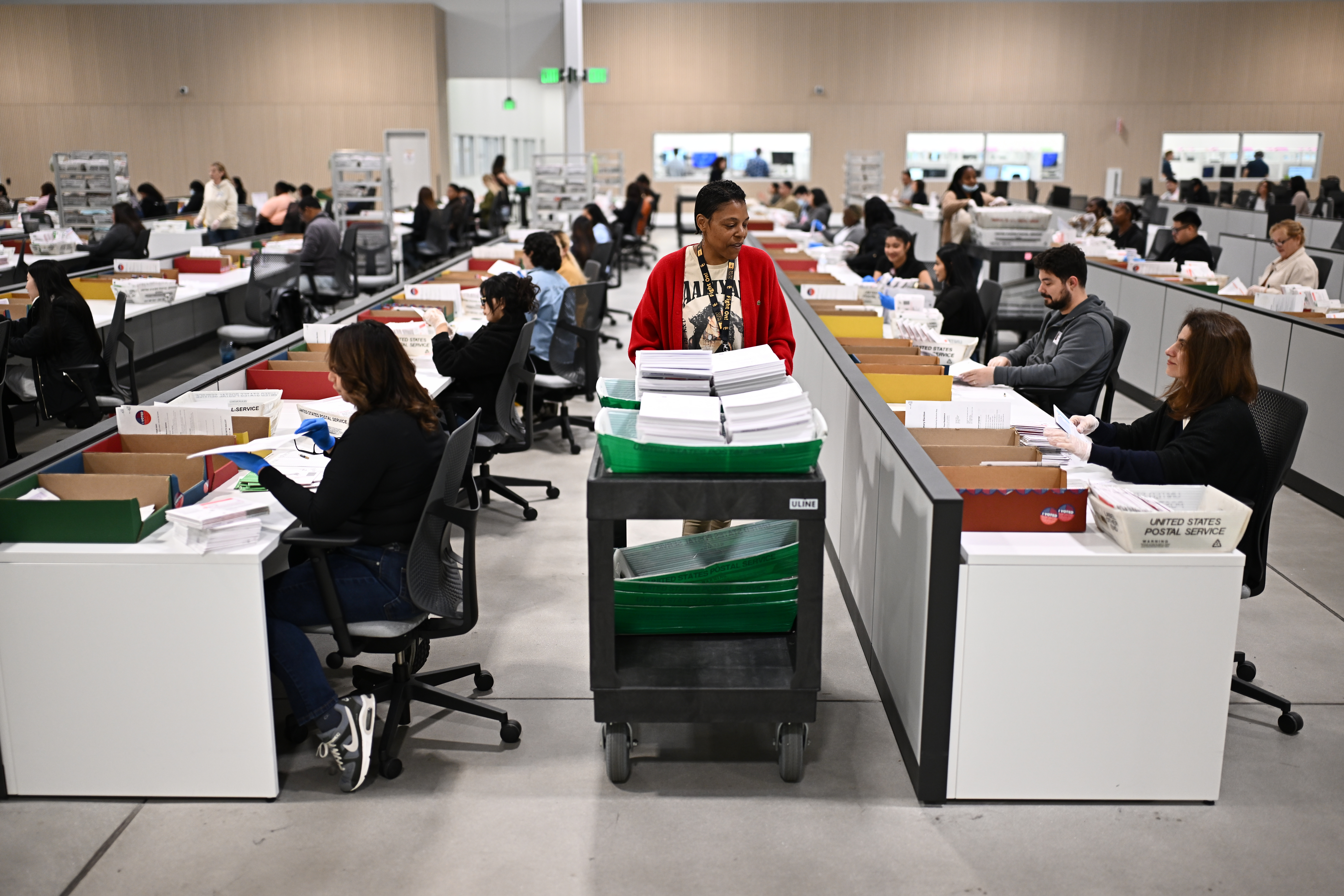 Ballots are counted at the L.A. County Ballot Processing Center during the California primary election on Tuesday, June 2, 2026, in City of Industry, Calif. (AP Photo/William Liang)
