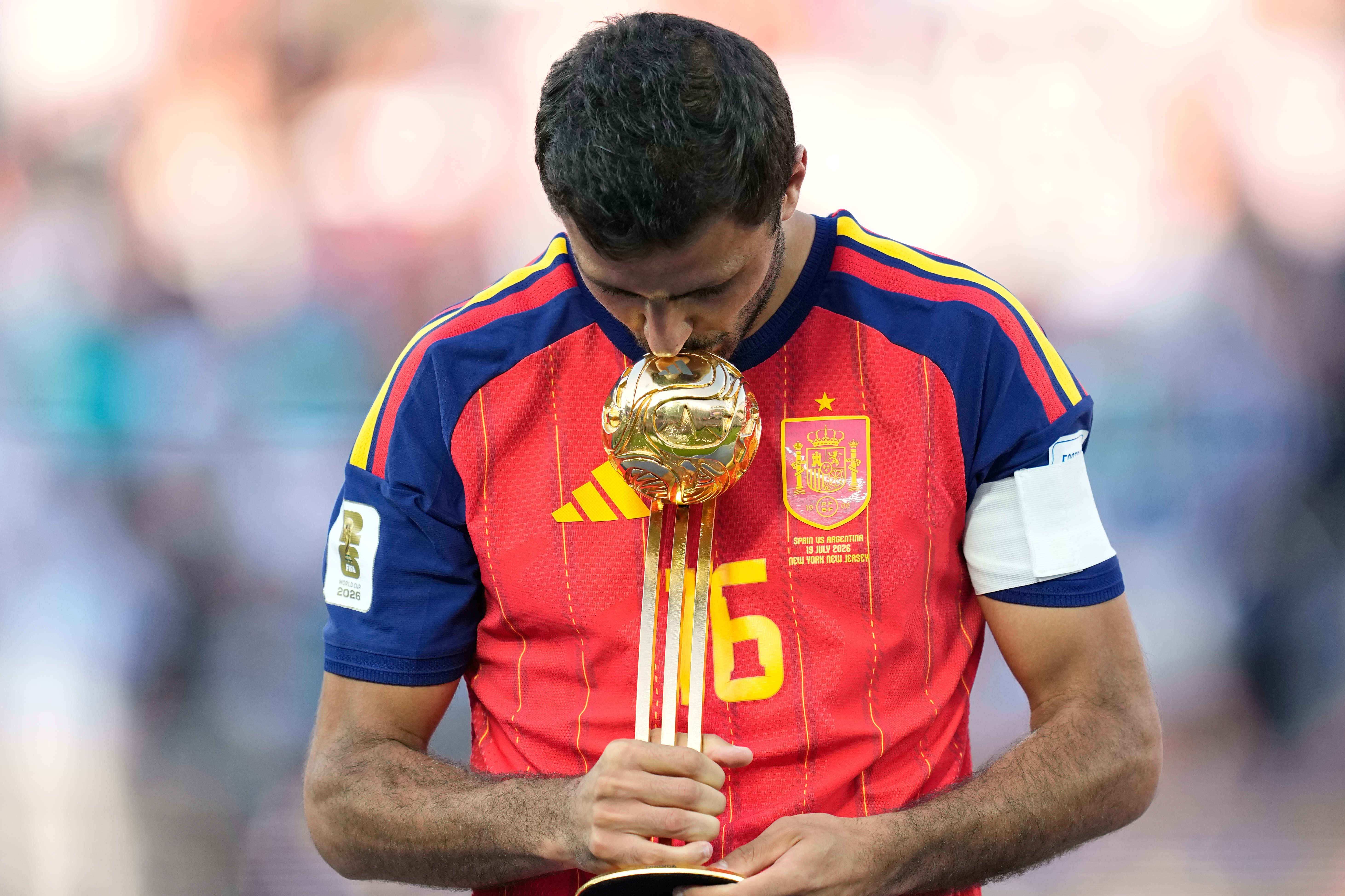 Spain’s Rodri poses with the tournament’s best player award at the end of the World Cup final football match between Spain and Argentina in East Rutherford, New Jersey, the US, July 19, 2026
