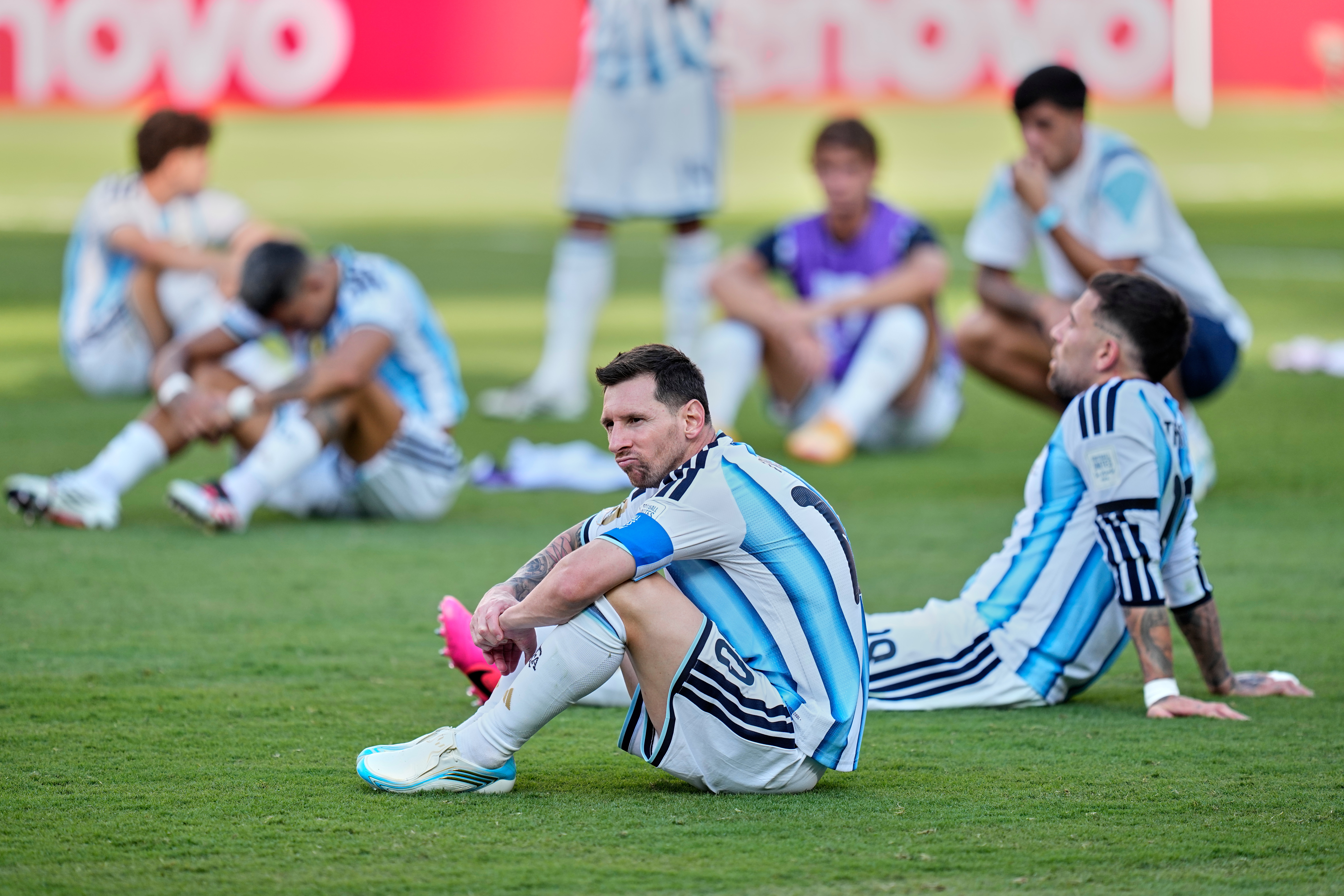 Argentina's Lionel Messi (10) reacts after the World Cup final soccer match between Spain and Argentina