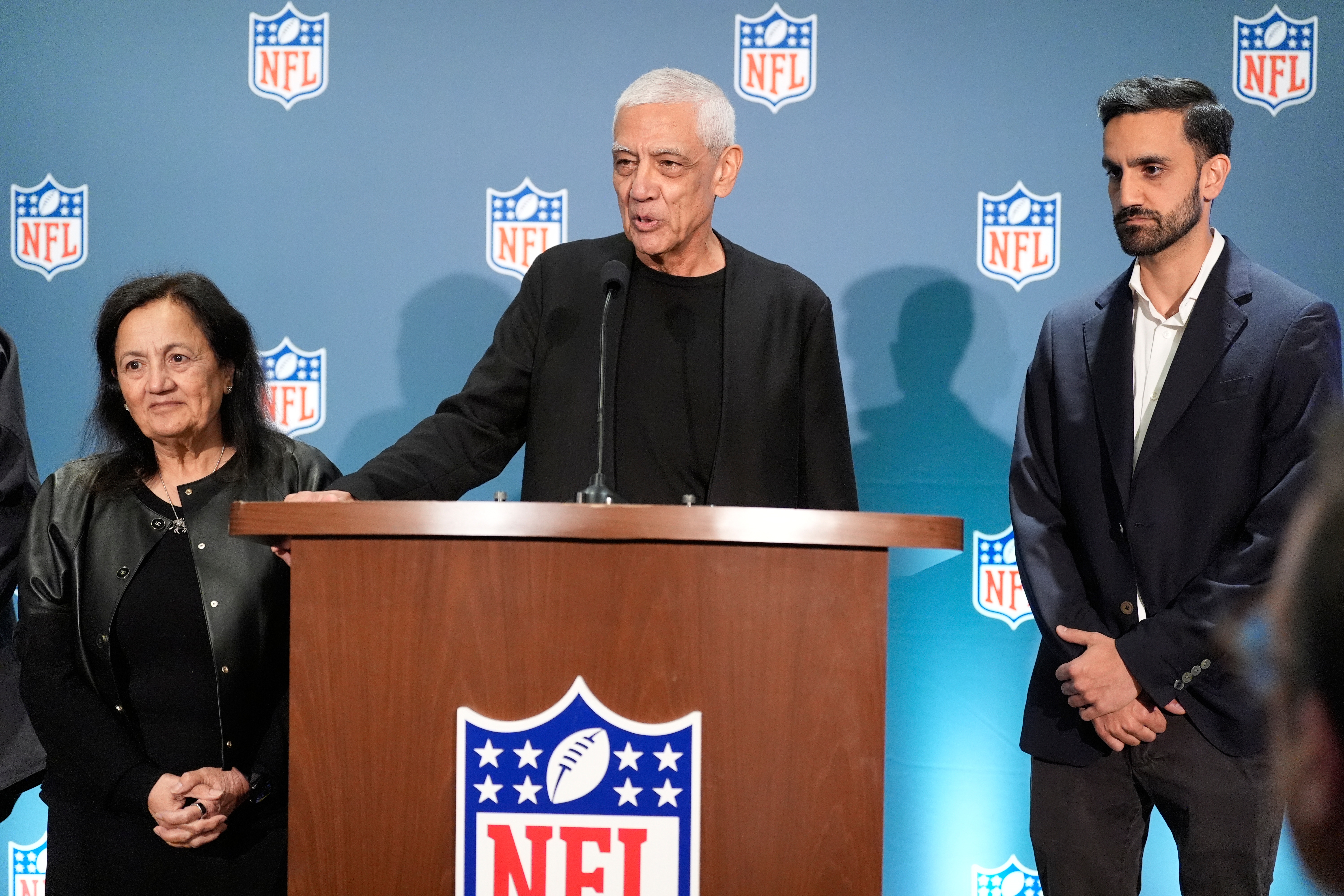 Seattle Seahawks owner Vinod Khosla speaks during a news conference during an NFL football owners meeting on Wednesday, Aug. 26, 2026, in Atlanta. (AP Photo/Brynn Anderson)
