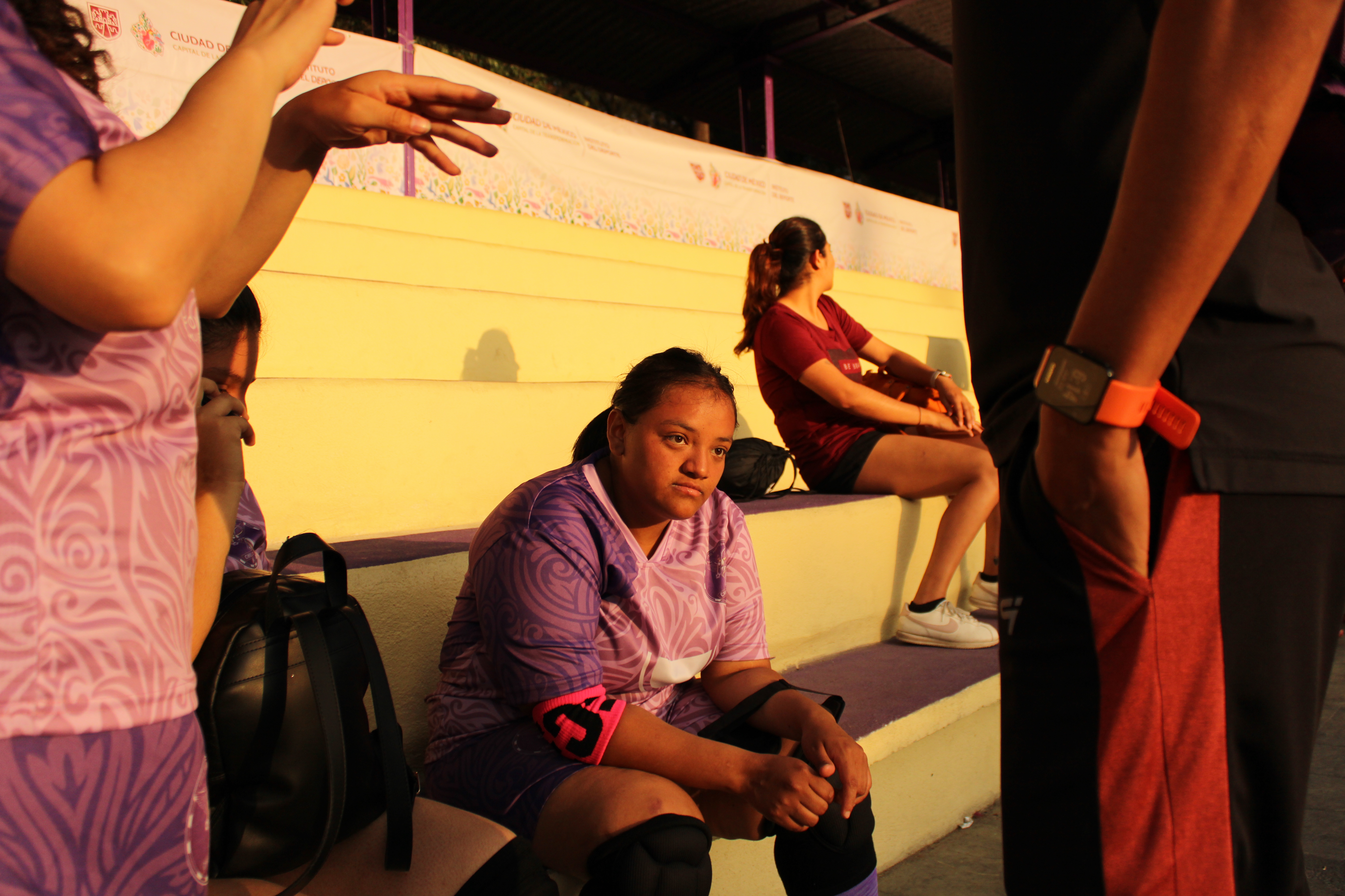 Chilangas FC striker Alexandra Ramírez, 20, sits in the stands, reflecting on her winning penalty against Linces FC in her team’s first match of the Mexican Open Blind Football Tournament held at the Utopía Mixhuca sports facility