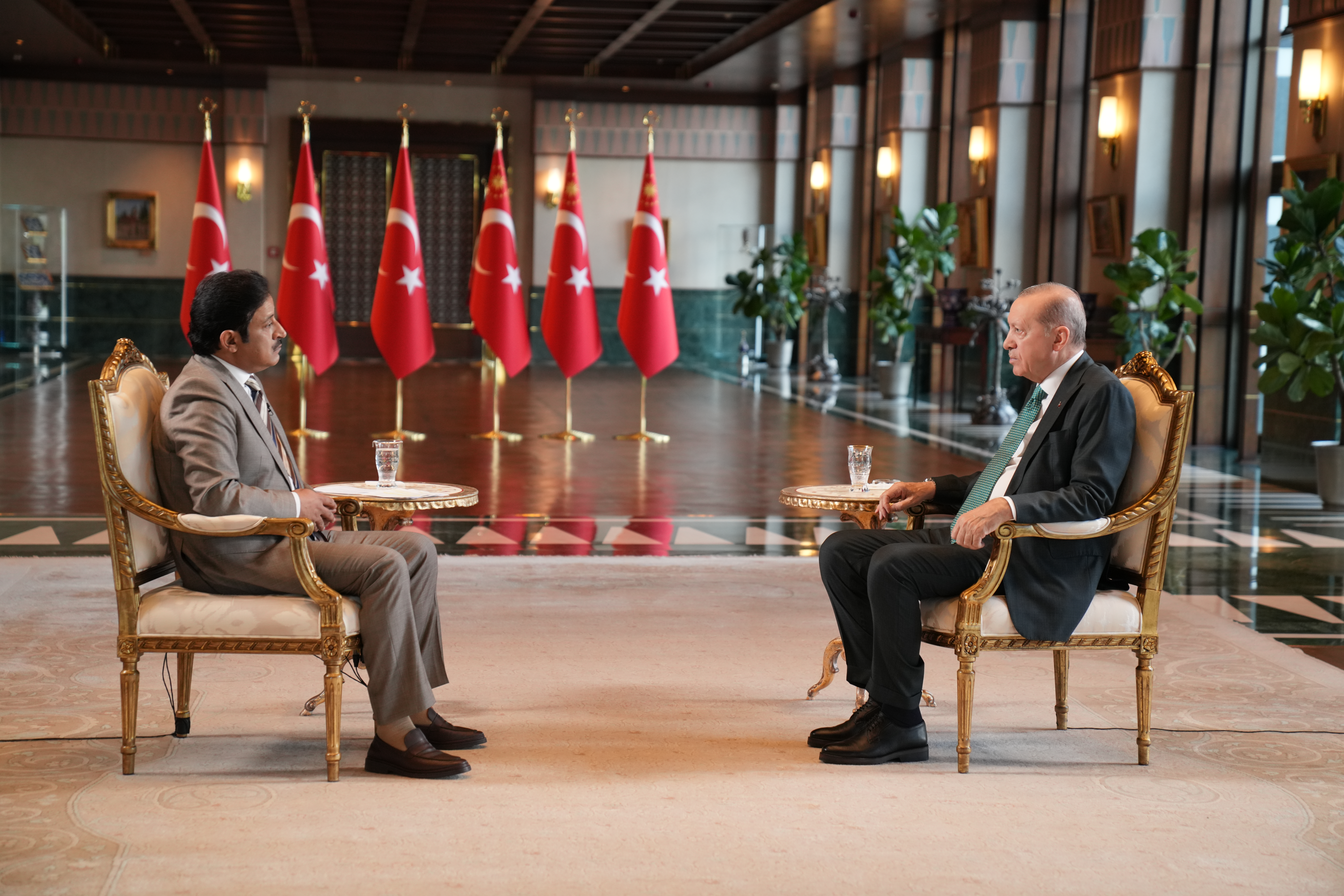 Turkiye's President Recep Tayyip Erdogan sits down with Al Jazeera's Ali Al Dafiri for an exclusive interview (Al Jazeera)