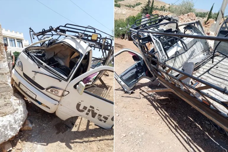 Truck struck down by Israeli drone in Beit Jinn in the Damascus countryside Image via Social media