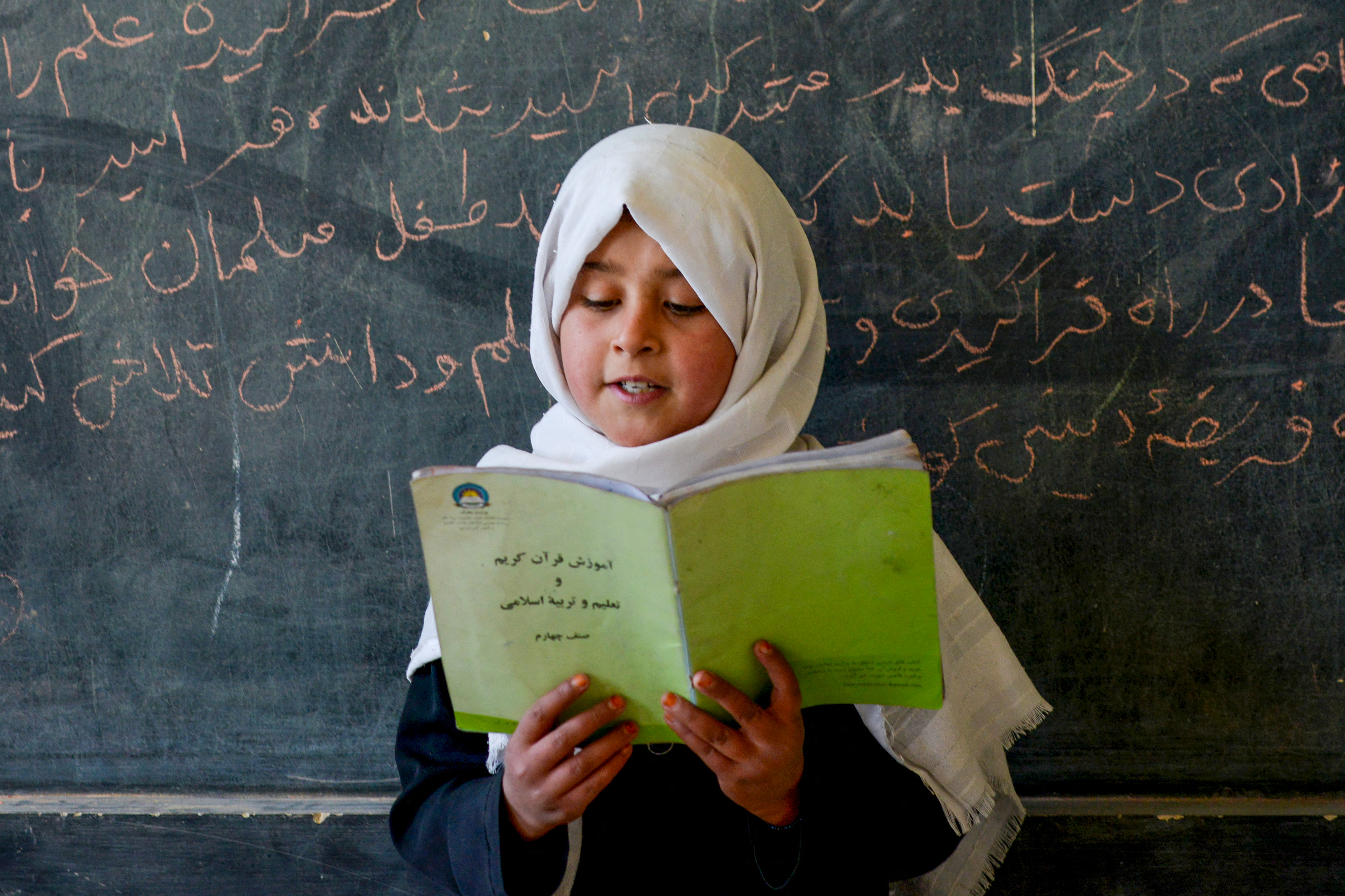 (FILES) An Afghan girl reads a book in a classroom at a primary school on the outskirts of Fayzabad district in of Afghanistan's Badakhshan province on November 18, 2025.