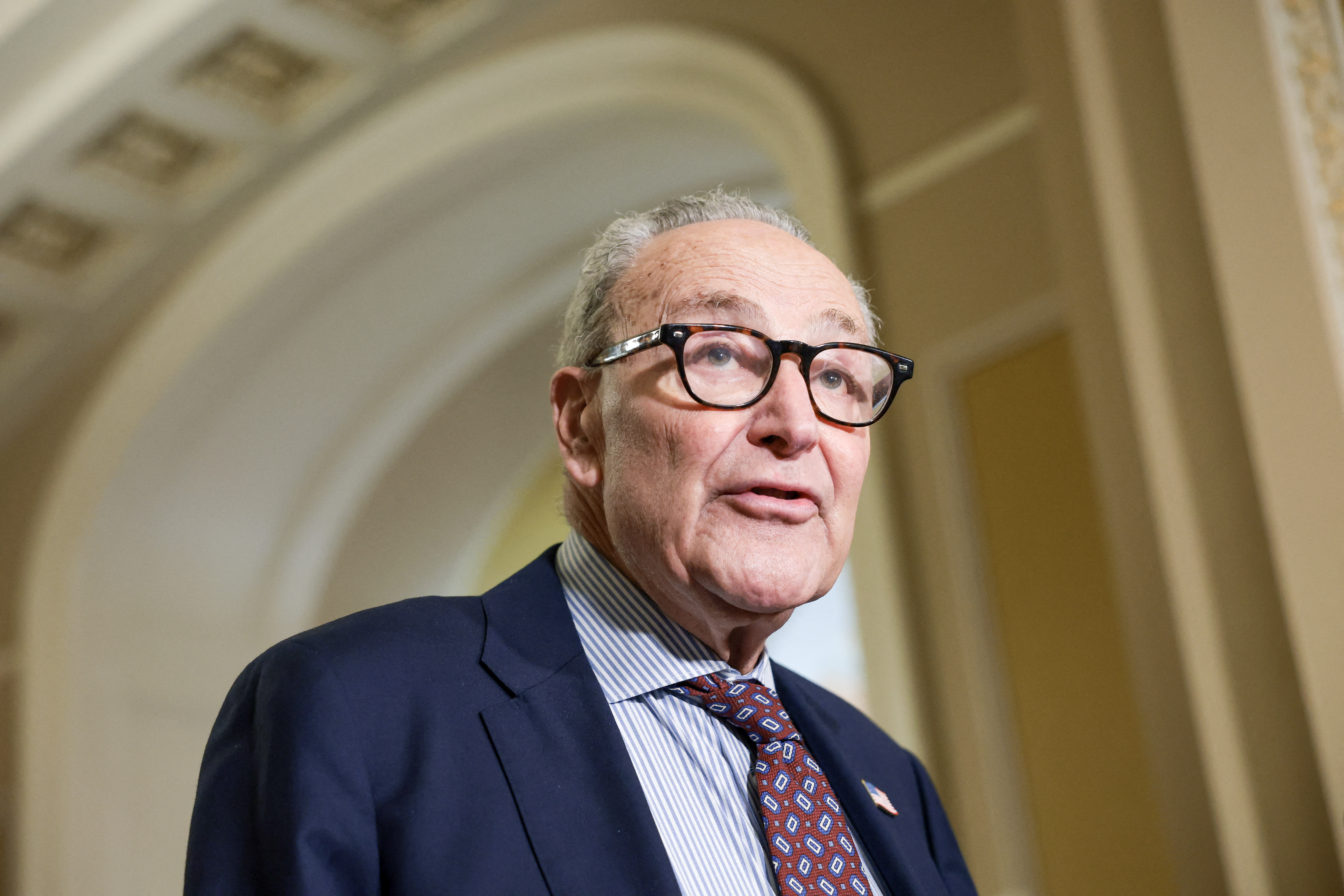 WASHINGTON, DC - AUGUST 04: U.S. Senate Minority Leader Chuck Caption (D-NY) speaks to reporters after a weekly policy luncheon with Senate Democrats at the U.S. Capitol Building on August 04, 2026 in Washington, DC. Schumer spoke about a range of topics including the primaries in the state of Michigan. Anna Moneymaker/Getty Images/AFP (Photo by Anna Moneymaker / GETTY IMAGES NORTH AMERICA / Getty Images via AFP)