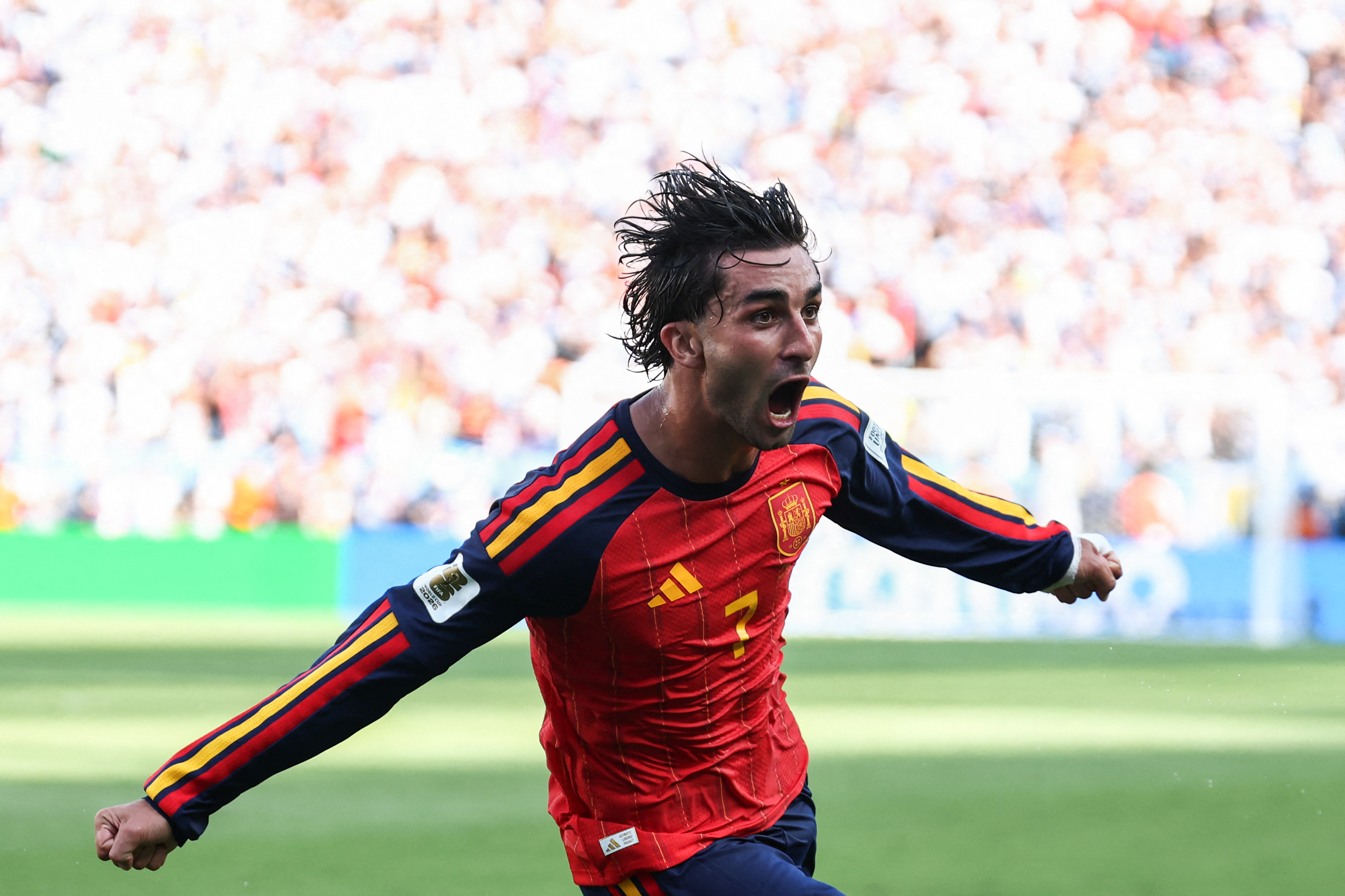 Spain's forward #07 Ferran Torres celebrates scoring a goal.