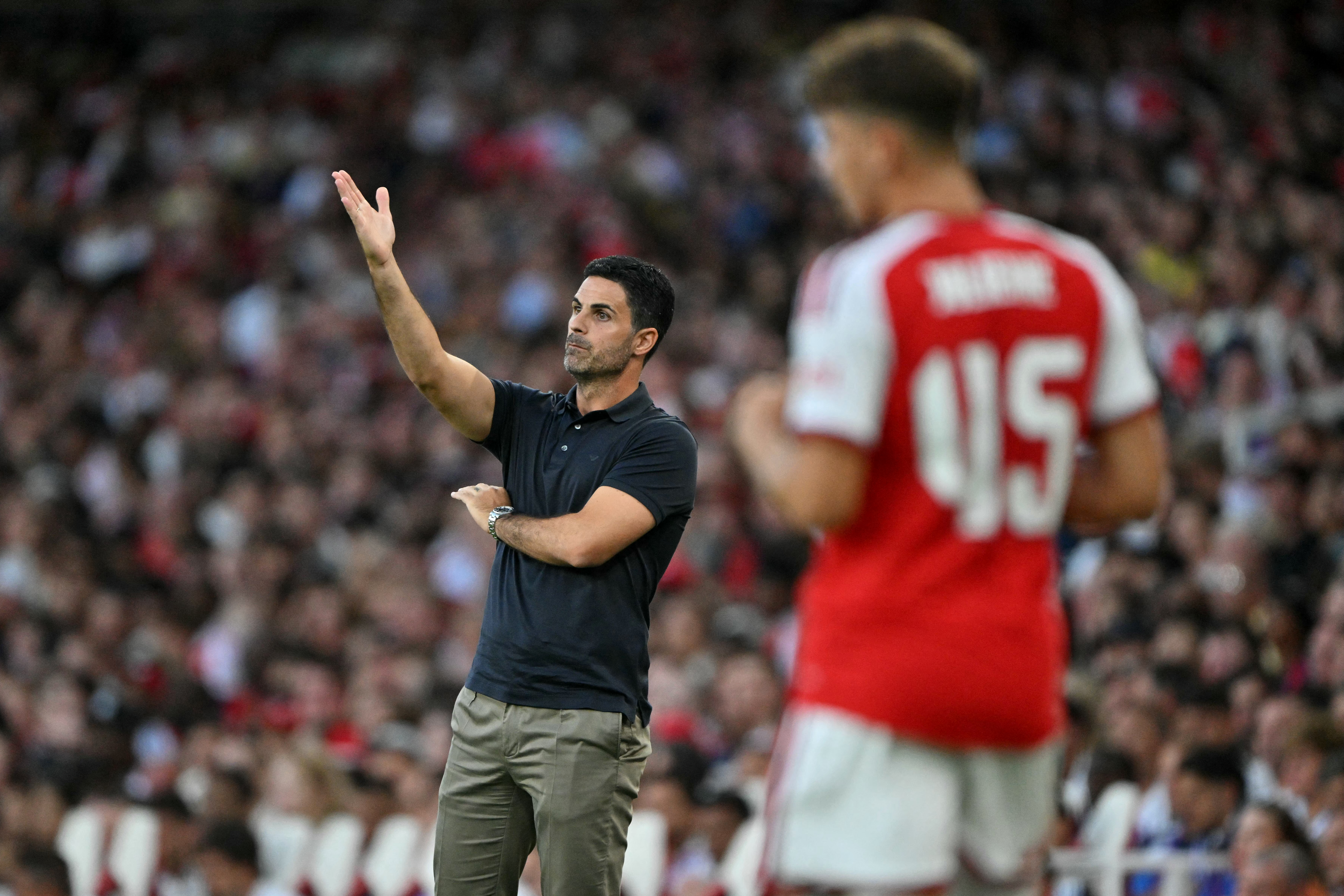 Arsenal's Spanish manager Mikel Arteta reacts during the pre season football match between Arsenal and Como 1907 at the Emirates Stadium in London on August 8, 2026.
