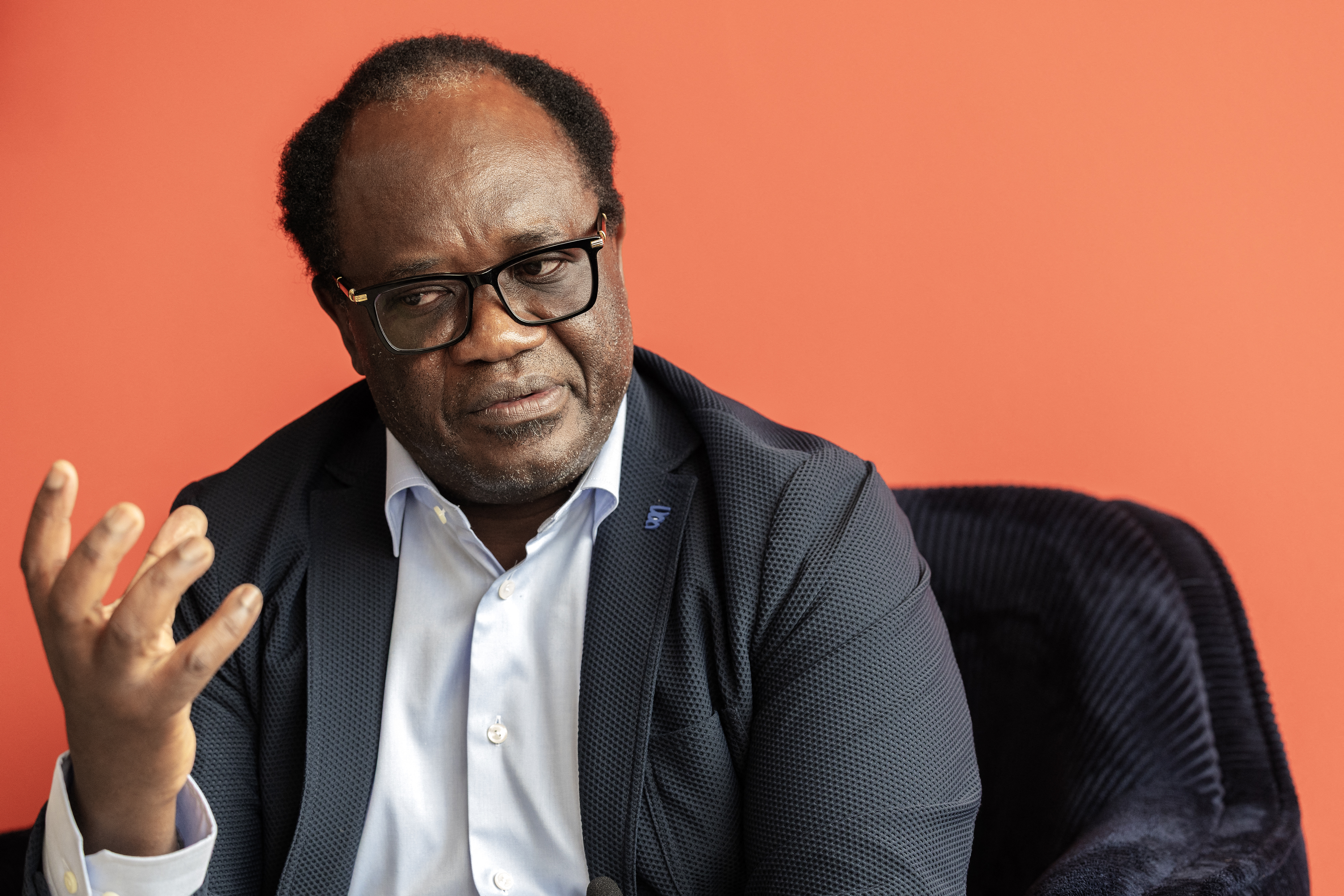 National Reconciliation Party for Unity and Prosperity (NRPUP) presidential candidate Brian Muntayalwa Mundubile gives an interview to Agence France-Presse at Hot FM radio station studio in Lusaka, on August 12, 2026.