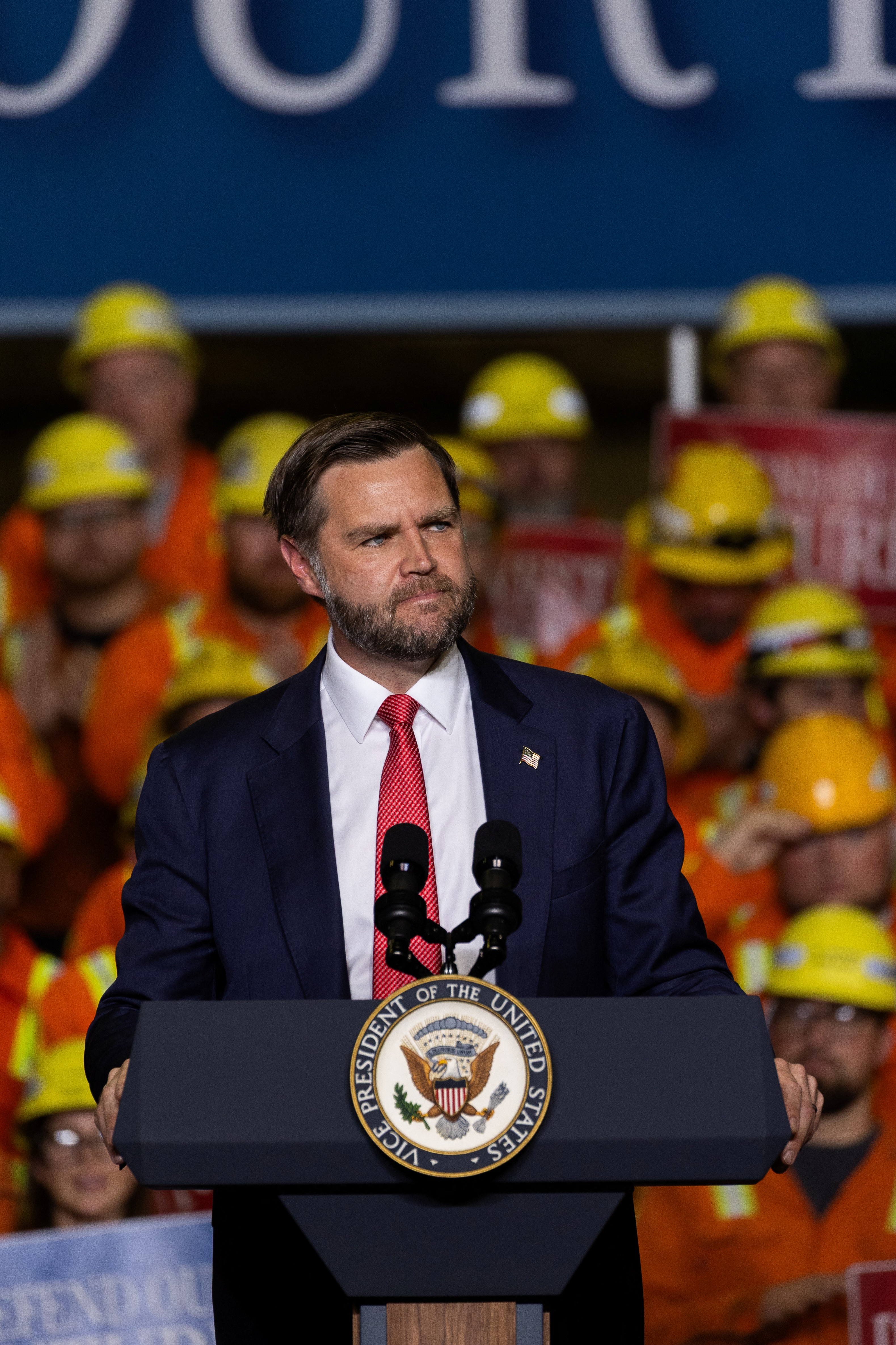 US Vice President JD Vance delivers remarks on the Trump administration's economic agenda at the Cleveland-Cliffs Middletown Works steel production facility in Middletown, Ohio, on August 21, 2026. (Photo by Leandro Lozada / AFP)