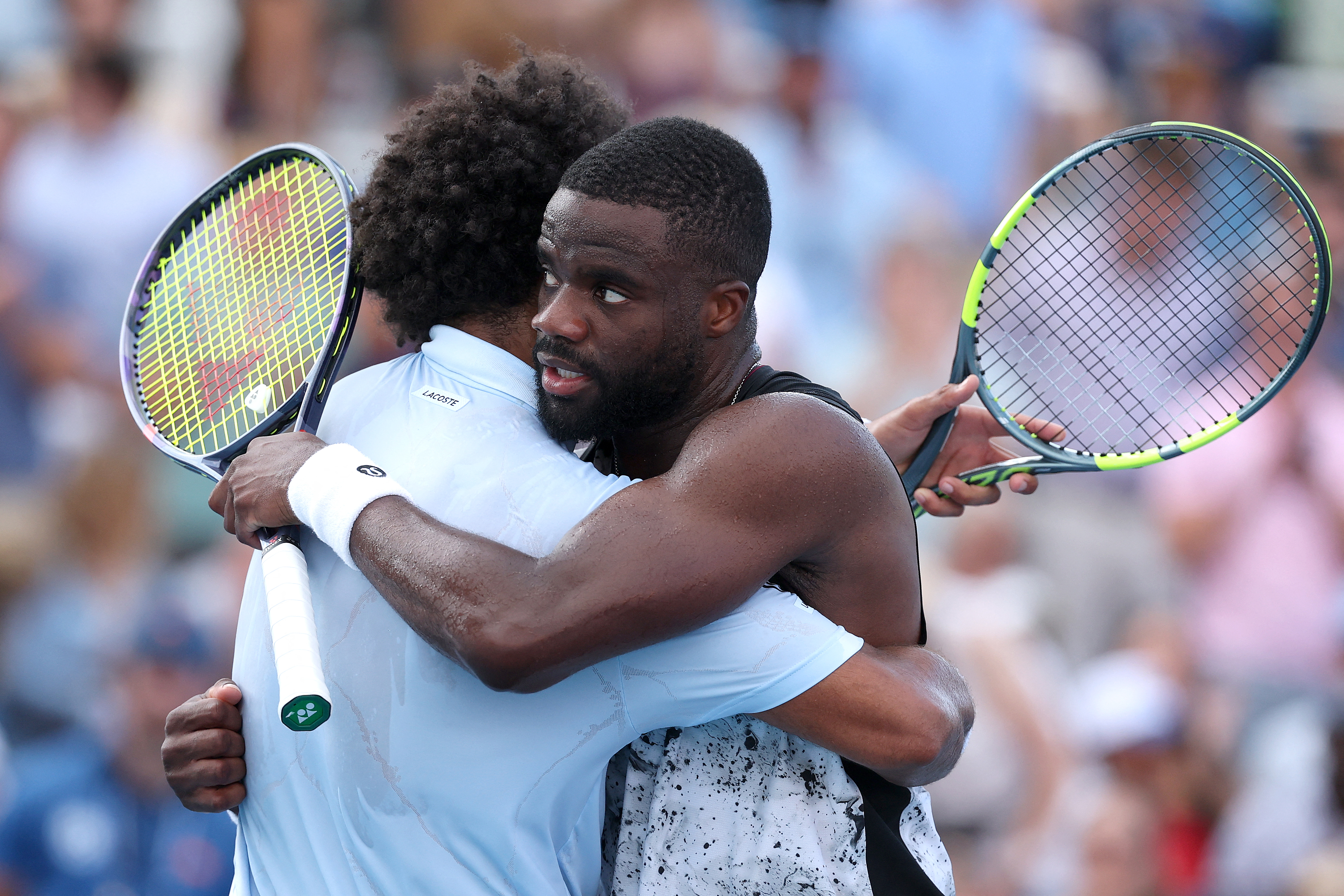 MASON, OHIO - AUGUST 23: Arthur Fils of France is congratulated by Francis Tiafoe of the United States after their match during the Men's Final on day twelve of the Cincinnati Open at the Lindner Family Tennis Center on August 23, 2026 in Mason, Ohio. Matthew Stockman/Getty Images/AFP (Photo by MATTHEW STOCKMAN / GETTY IMAGES NORTH AMERICA / Getty Images via AFP)