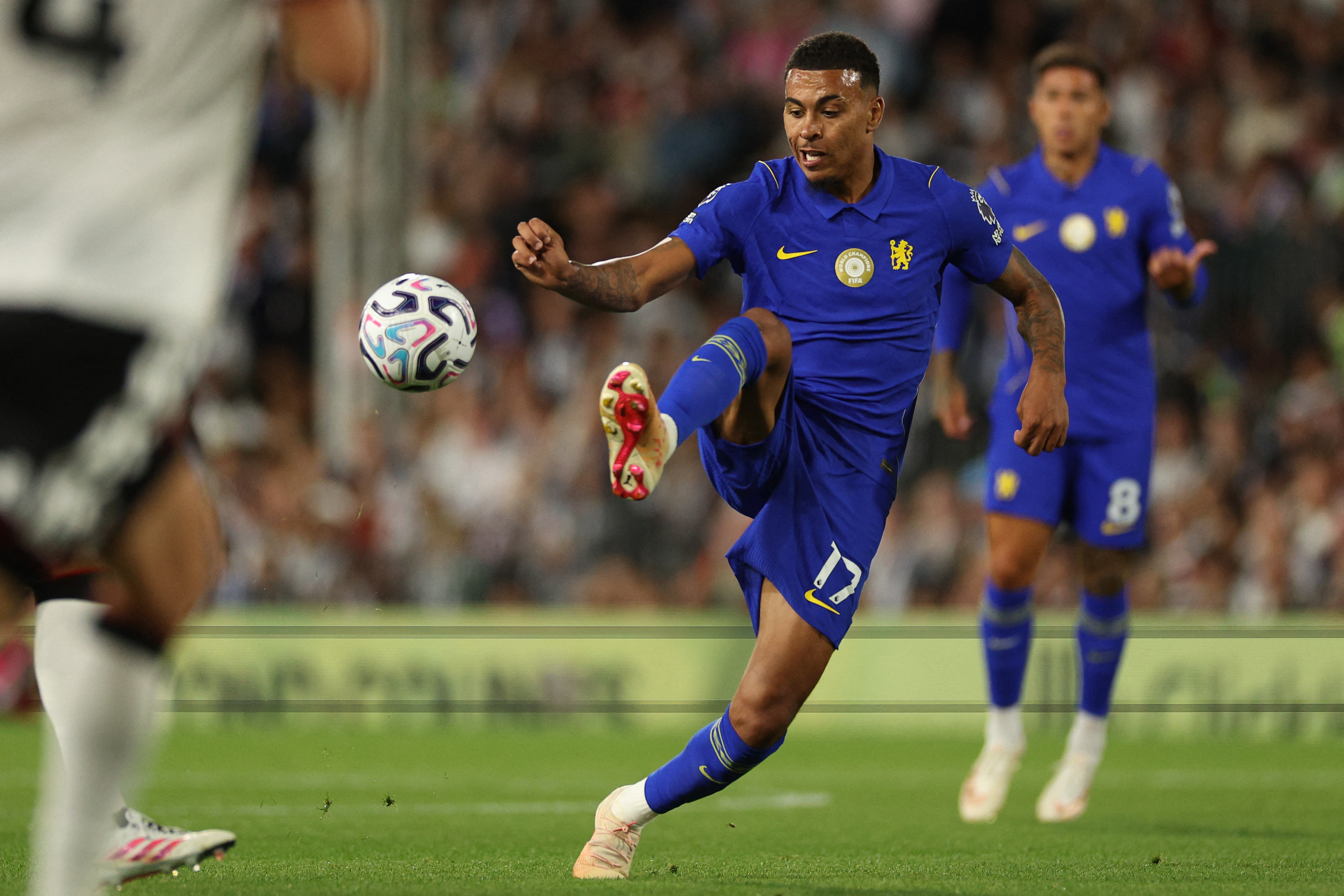 Chelsea's English midfielder #17 Morgan Rogers controls the ball during the English Premier League football match between Fulham and Chelsea at Craven Cottage in London on August 24, 2026. (Photo by Adrian Dennis / AFP) / RESTRICTED TO EDITORIAL USE. NO USE WITH UNAUTHORIZED AUDIO, VIDEO, DATA, FIXTURE LISTS, CLUB/LEAGUE LOGOS OR 'LIVE' SERVICES. ONLINE IN-MATCH USE LIMITED TO 120 IMAGES. AN ADDITIONAL 40 IMAGES MAY BE USED IN EXTRA TIME. NO VIDEO EMULATION. SOCIAL MEDIA IN-MATCH USE LIMITED TO 120 IMAGES. AN ADDITIONAL 40 IMAGES MAY BE USED IN EXTRA TIME. NO USE IN BETTING PUBLICATIONS, GAMES OR SINGLE CLUB/LEAGUE/PLAYER PUBLICATIONS.