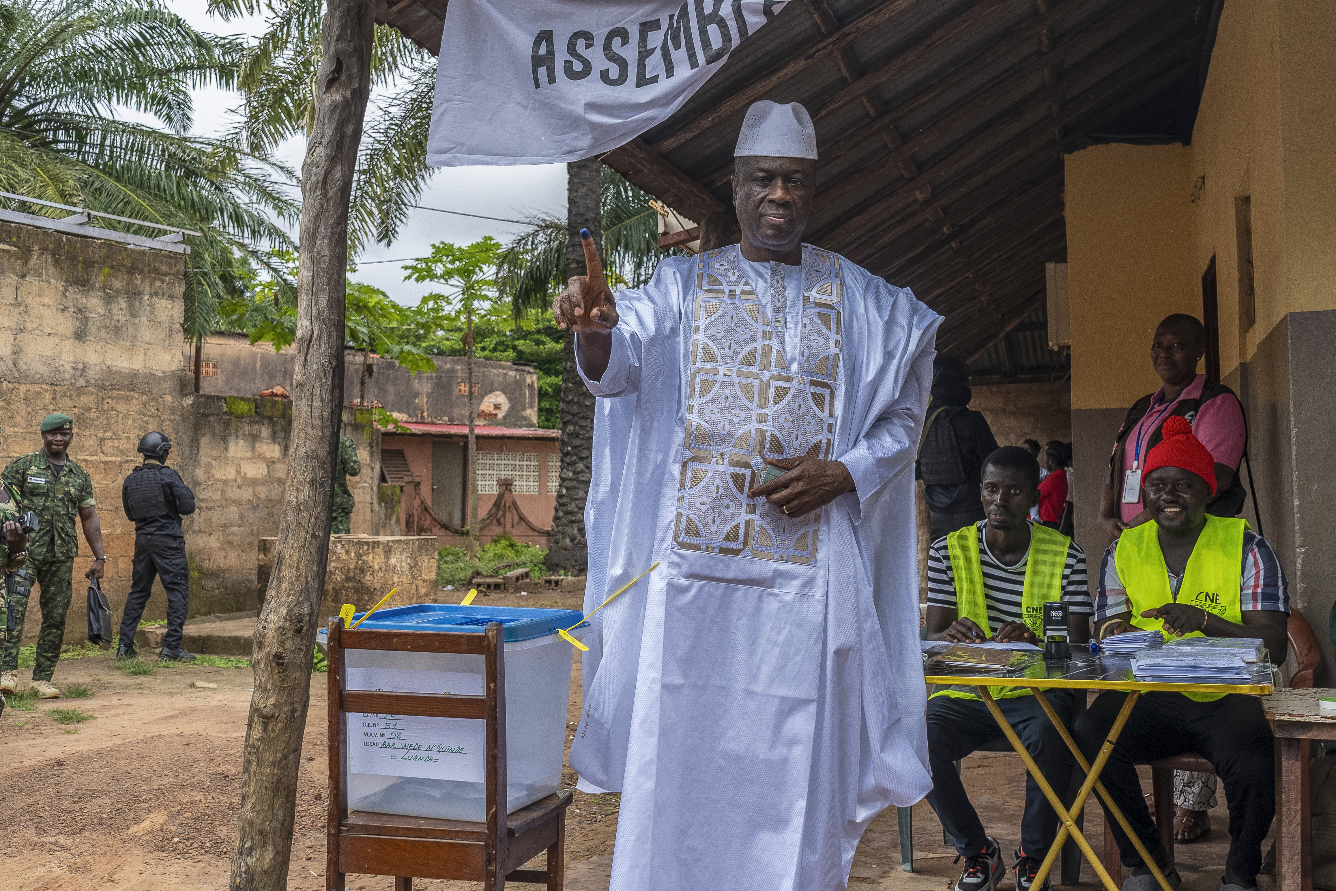 Guinea-Bissau's transitional president General Horta Inta-A Na Man shows his ink-stained finger after casting his ballot at a polling station during the country's constitutional referendum in Bissau, on August 30, 2026.