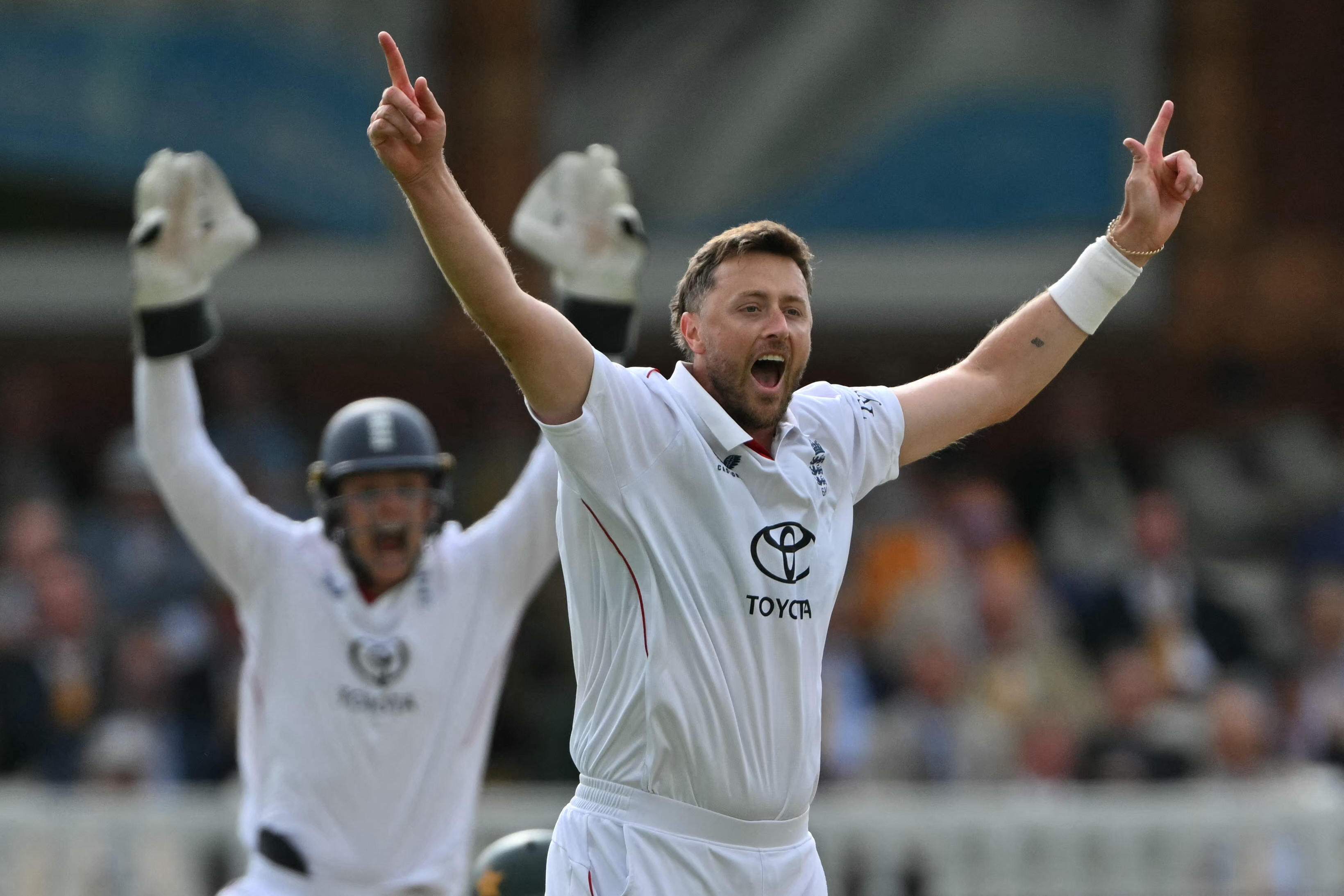 England's Ollie Robinson appeals successfully for a LBW decision against Pakistan's Mohammad Rizwan on day four of the second test match between England and Pakistan at Lord's cricket ground in London on August 30, 2026.
