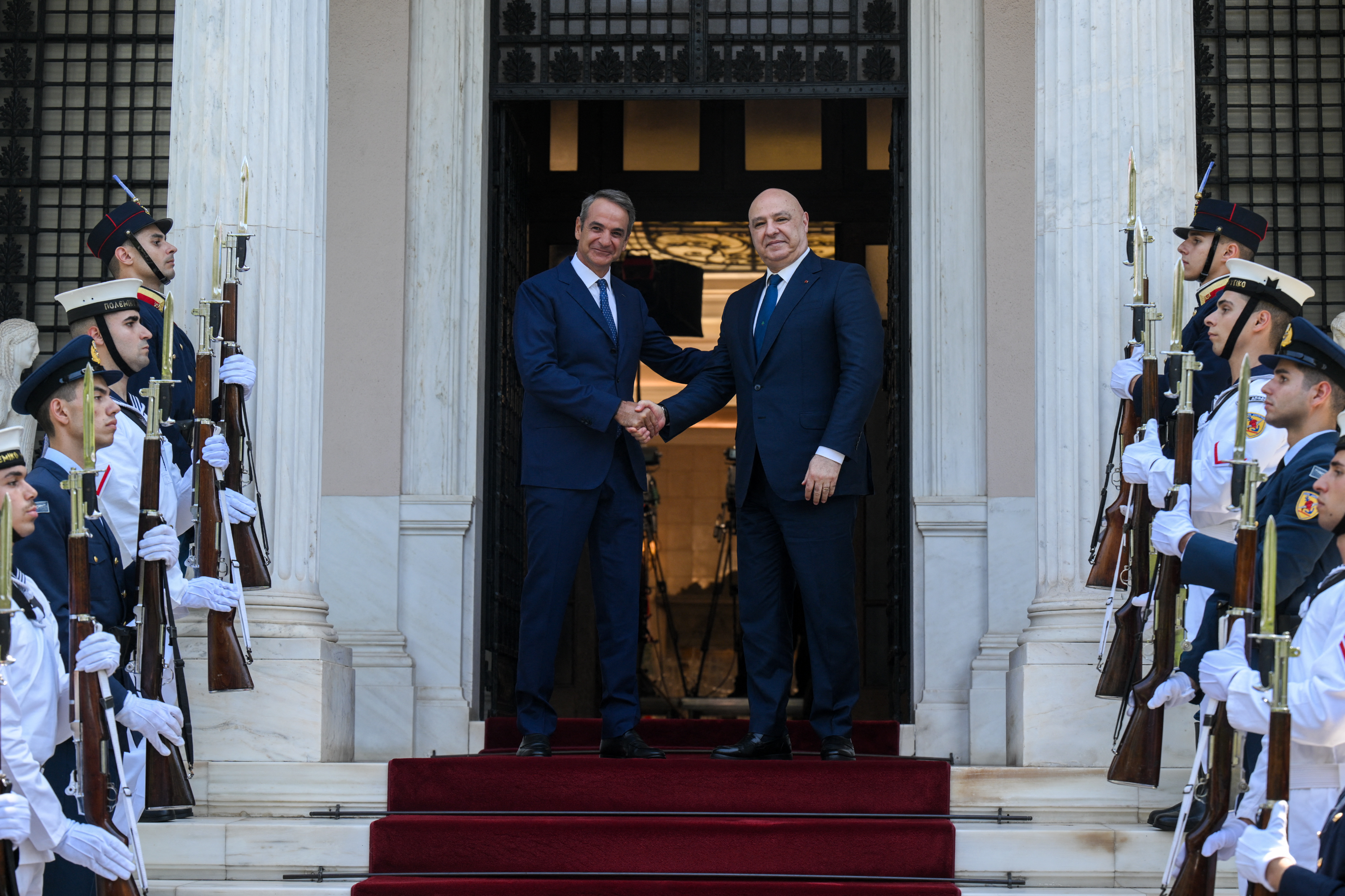 Greek Prime Minister Kyriakos Mitsotakis (L) shakes hands with Lebanese President Joseph Aoun (R) prior their meeting at the Maximos Mansion in Athens, on August 31, 2026.