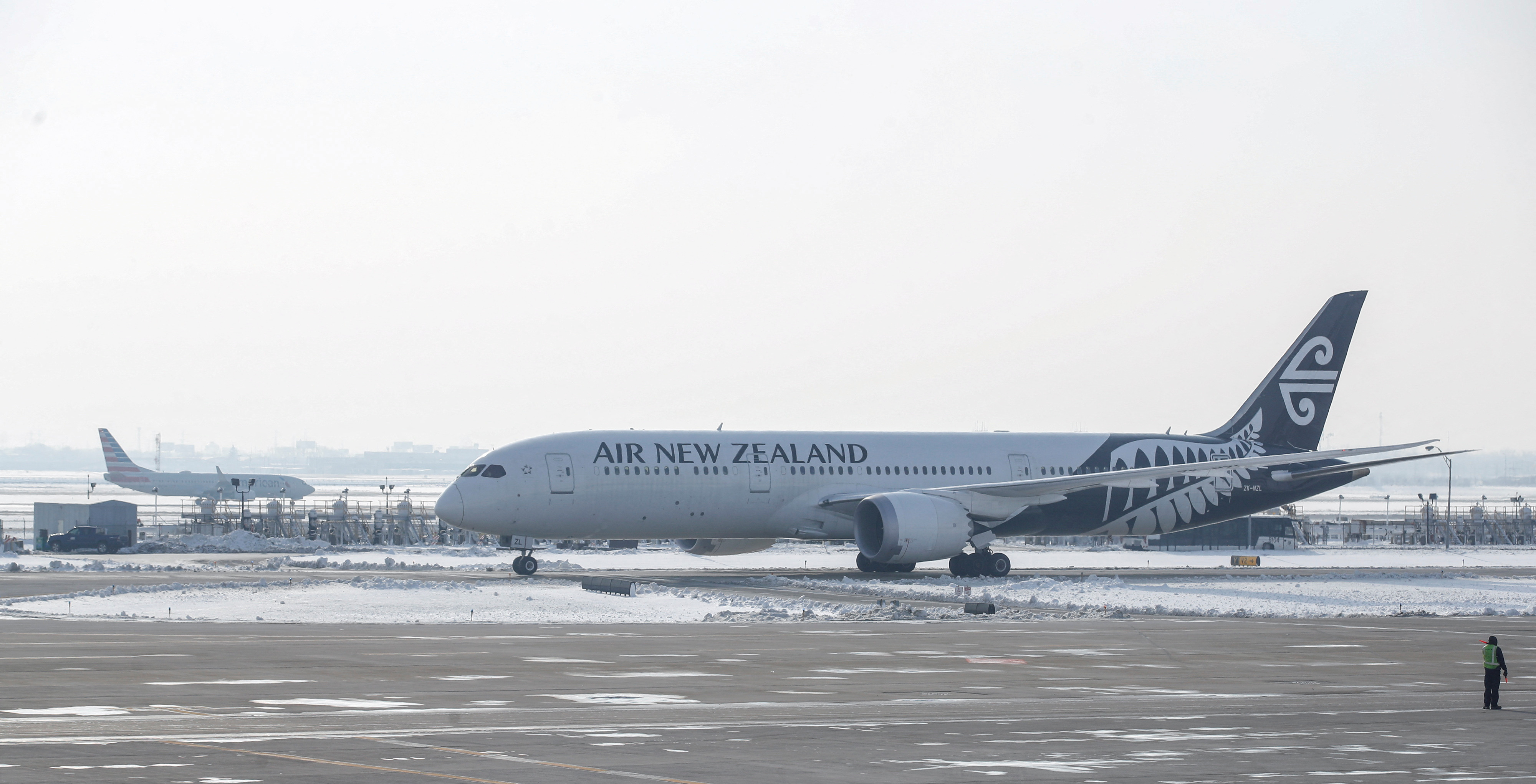 An Air New Zealand jet taxiing in Chicago, November 30, 2018