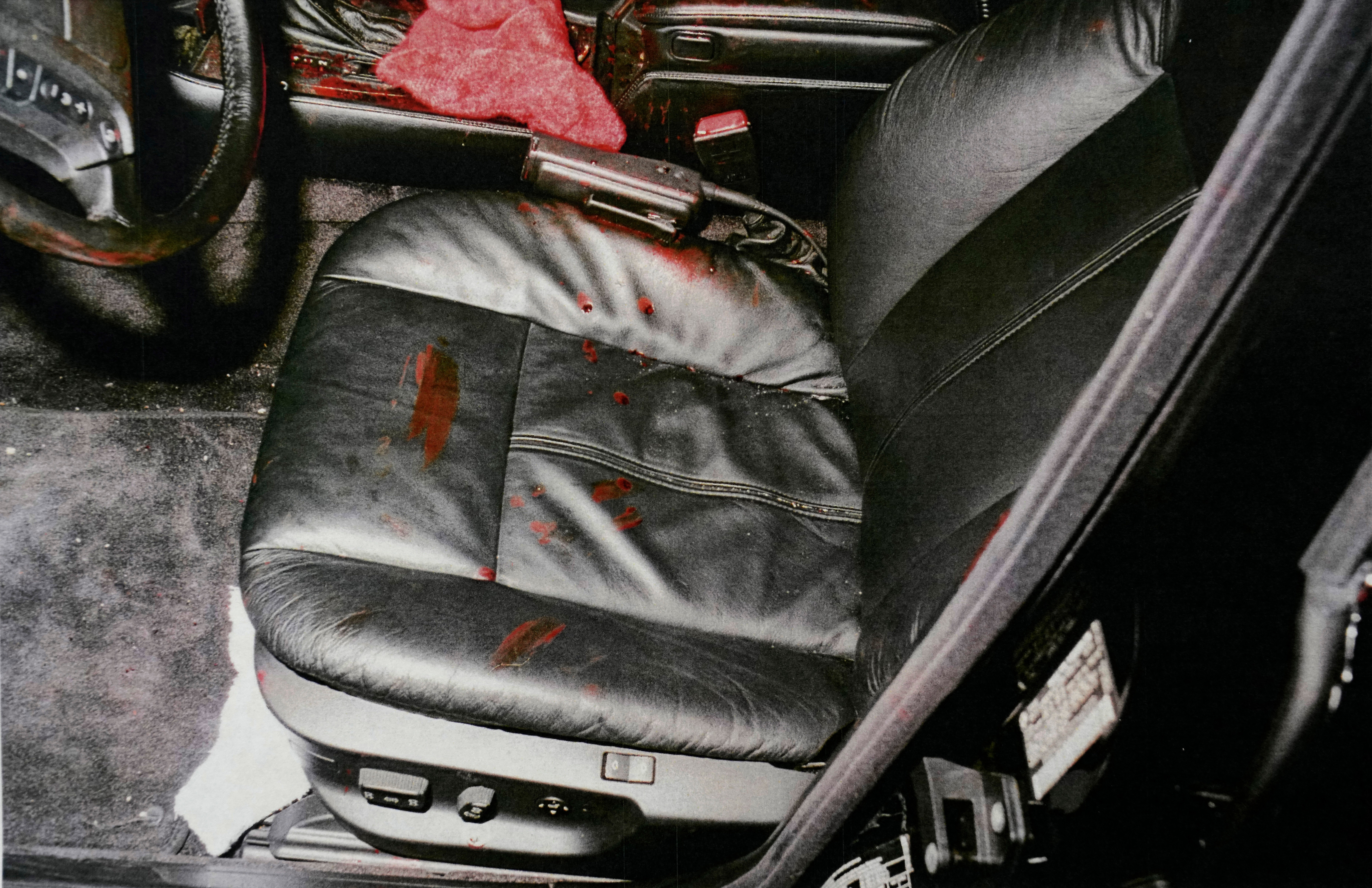 This undated photo provided by the Las Vegas Metropolitan Police Department shows the bloodied driver’s seat that was occupied by Marion ‘Suge’ Knight in a car rapper Tupac Shakur was fatally shot in September 1996, in Las Vegas