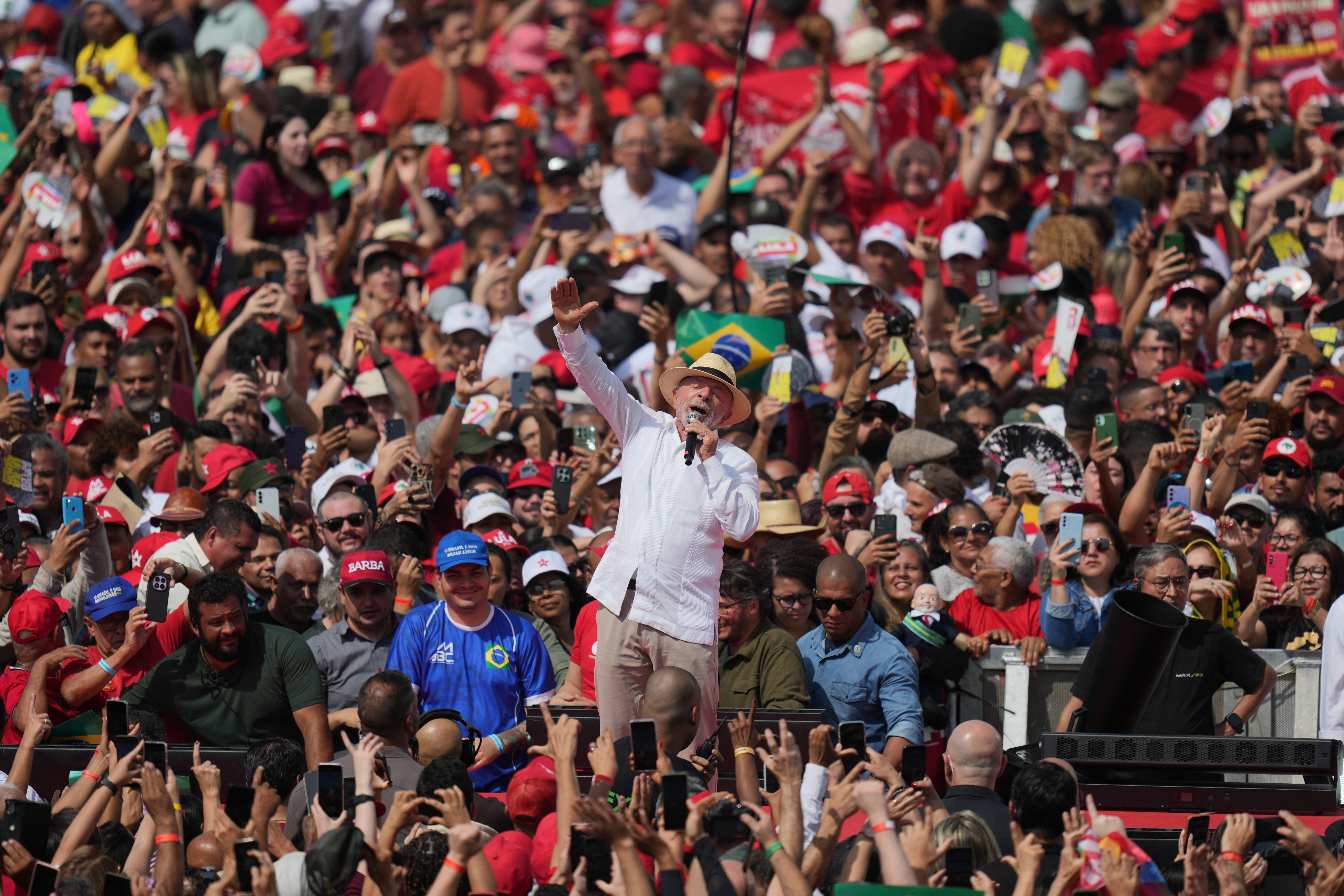 Brazilian President Luiz Inacio Lula da Silva speaks during a presidential reelection campaign rally in Sao Bernardo do Campo, Sao Paulo state, Brazil, Sunday, Aug. 16, 2026. (AP Photo/Andre Penner)