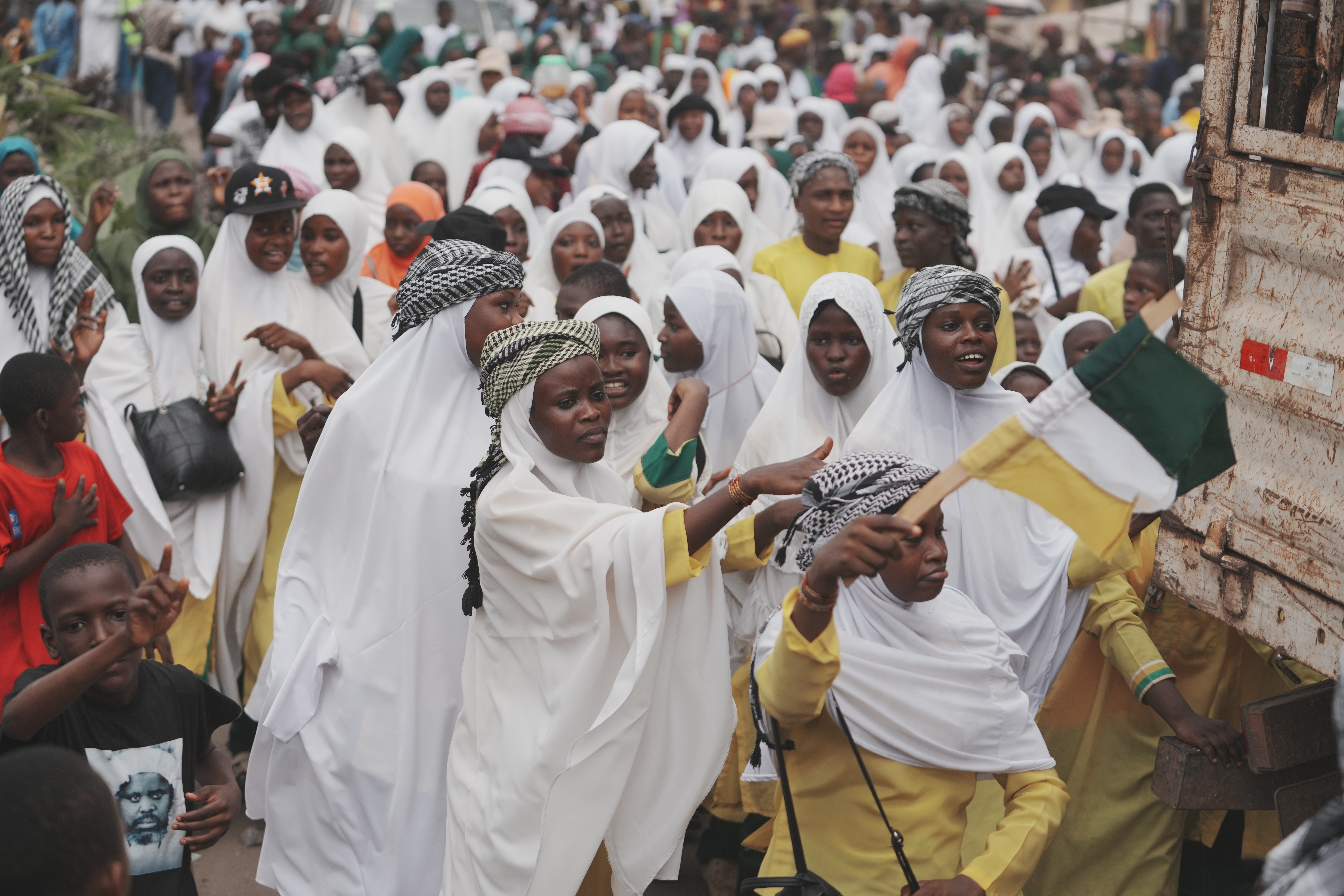 Muslim faithful sing and march to mark Prophet Muhammad's birthday, known as Mawlid, on the street of Lagos, Nigeria, Tuesday, Aug. 25, 2026. (AP Photo/Sunday Alamba)