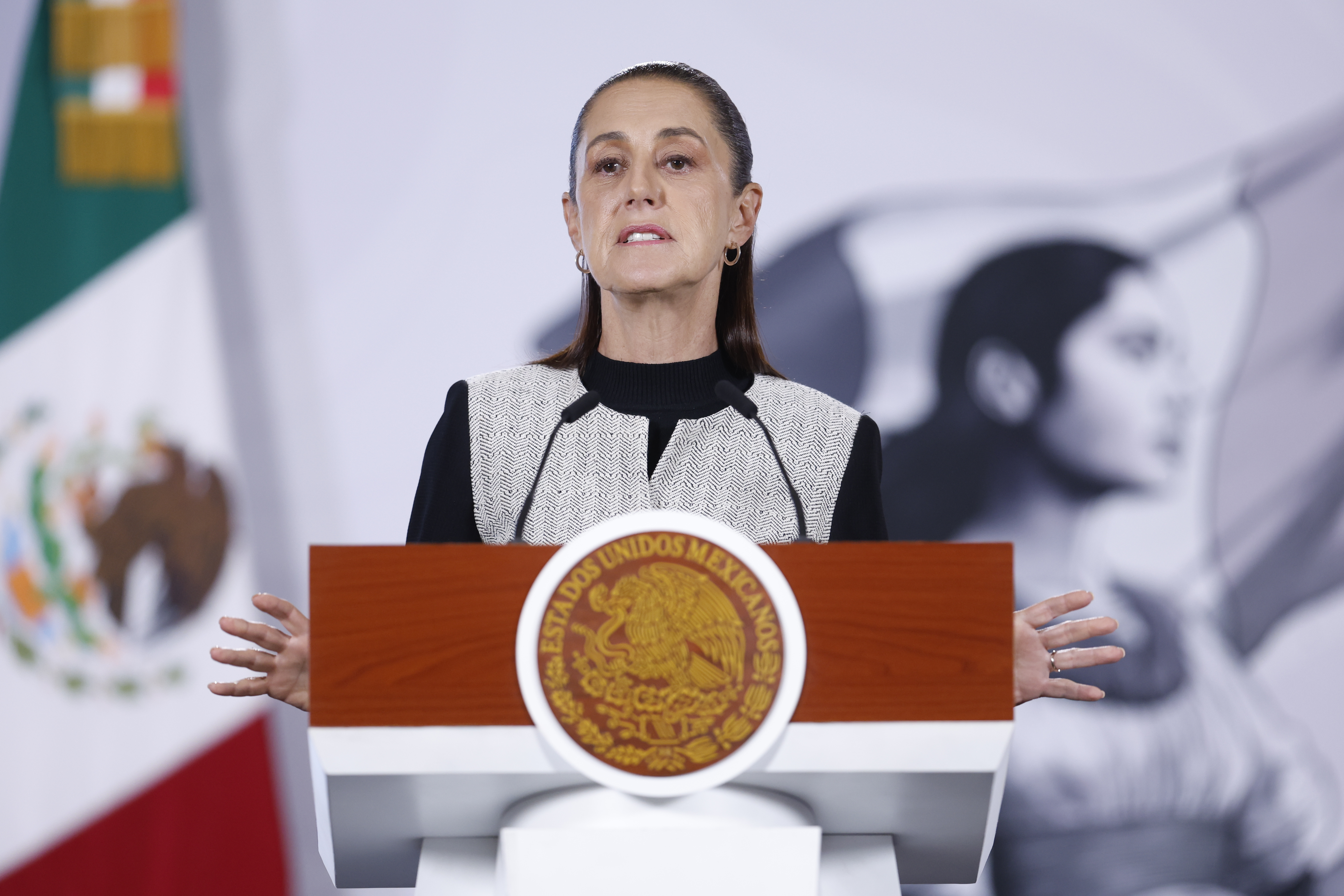 epa13148670 Mexican President Claudia Sheinbaum speaks during a press conference at the National Palace in Mexico City, Mexico, 03 August 2026. The Mexican government reported preliminary damage to the historical archive of Canal Once, the public television station of the National Polytechnic Institute (IPN), after regaining control of its facilities following more than two months of occupation by a group of students, while announcing a technical assessment and progress in the investigations into the incident. EPA/Sashenka Gutierrez