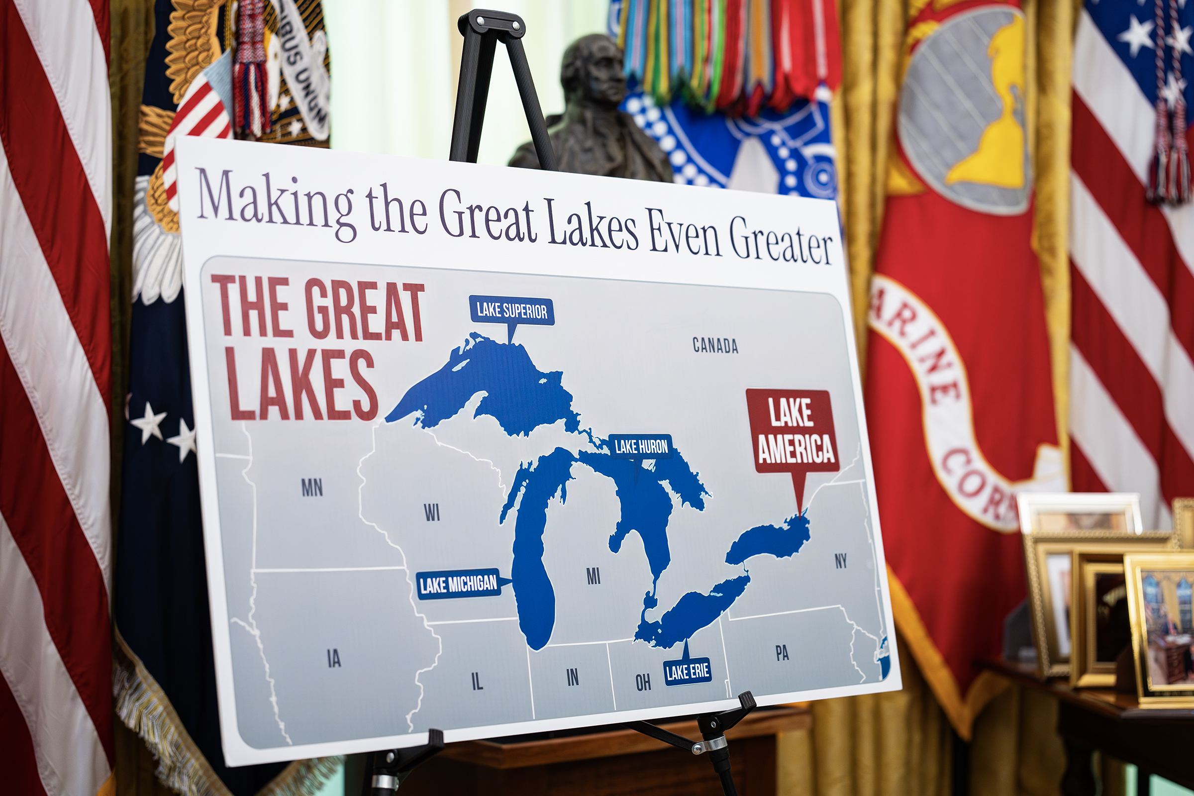 epa13195216 A poster shows the name change from Lake Ontario to Lake America, as US President Donald Trump signs an executive order on the renaming, amid a recent trade war, in the Oval Office of the White House in Washington, DC, USA, 27 August 2026. EPA/AL DRAGO / POOL