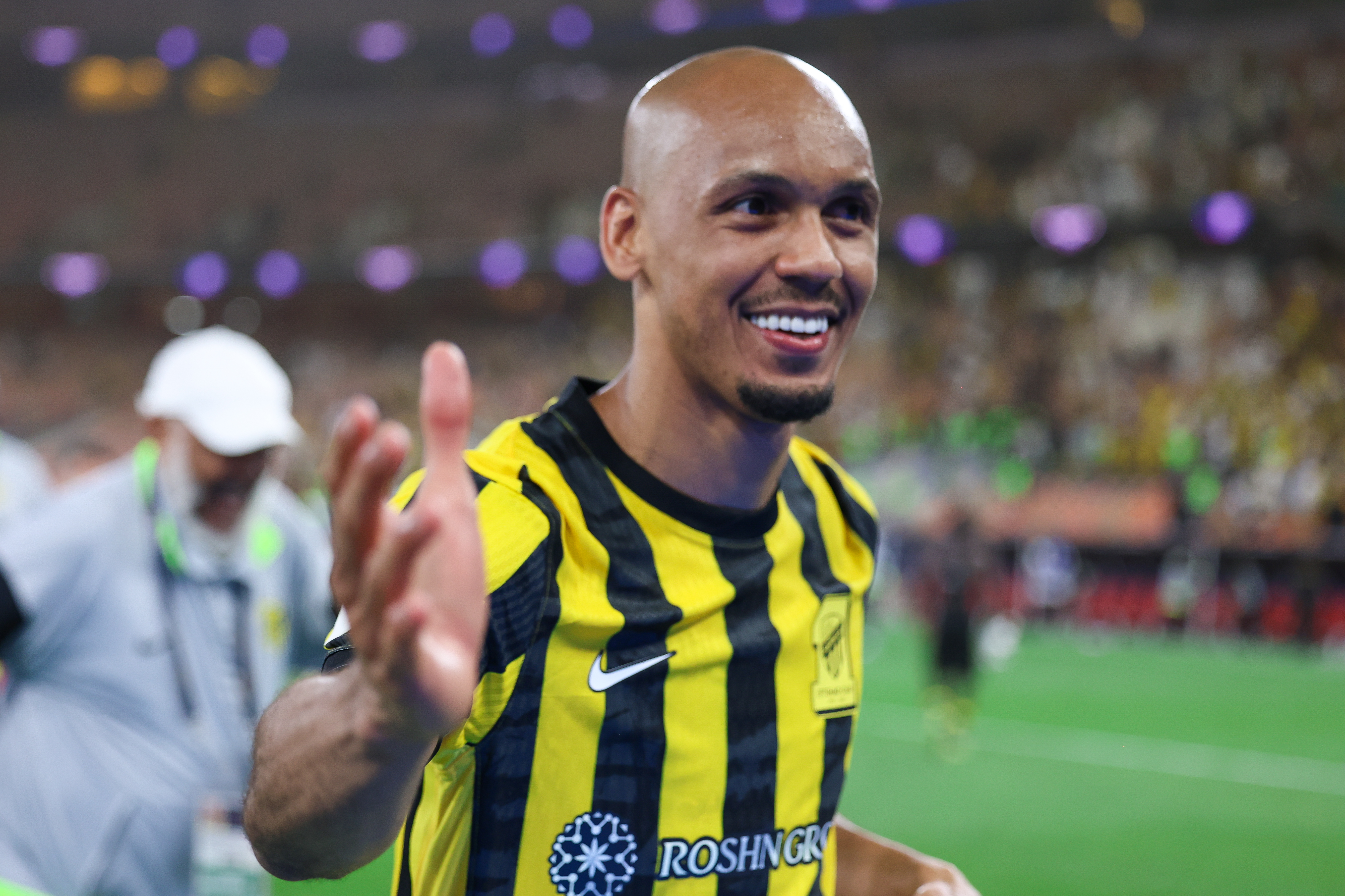 JEDDAH, SAUDI ARABIA - APRIL 14: Fabinho of Al Ittihad celebrates victory after winning the AFC Champions League Elite Round of 16 match between Al Ittihad and Al Wahda at King Abdullah Sports City on April 14, 2026 in Jeddah, Saudi Arabia. (Photo by Yasser Bakhsh/Getty Images)