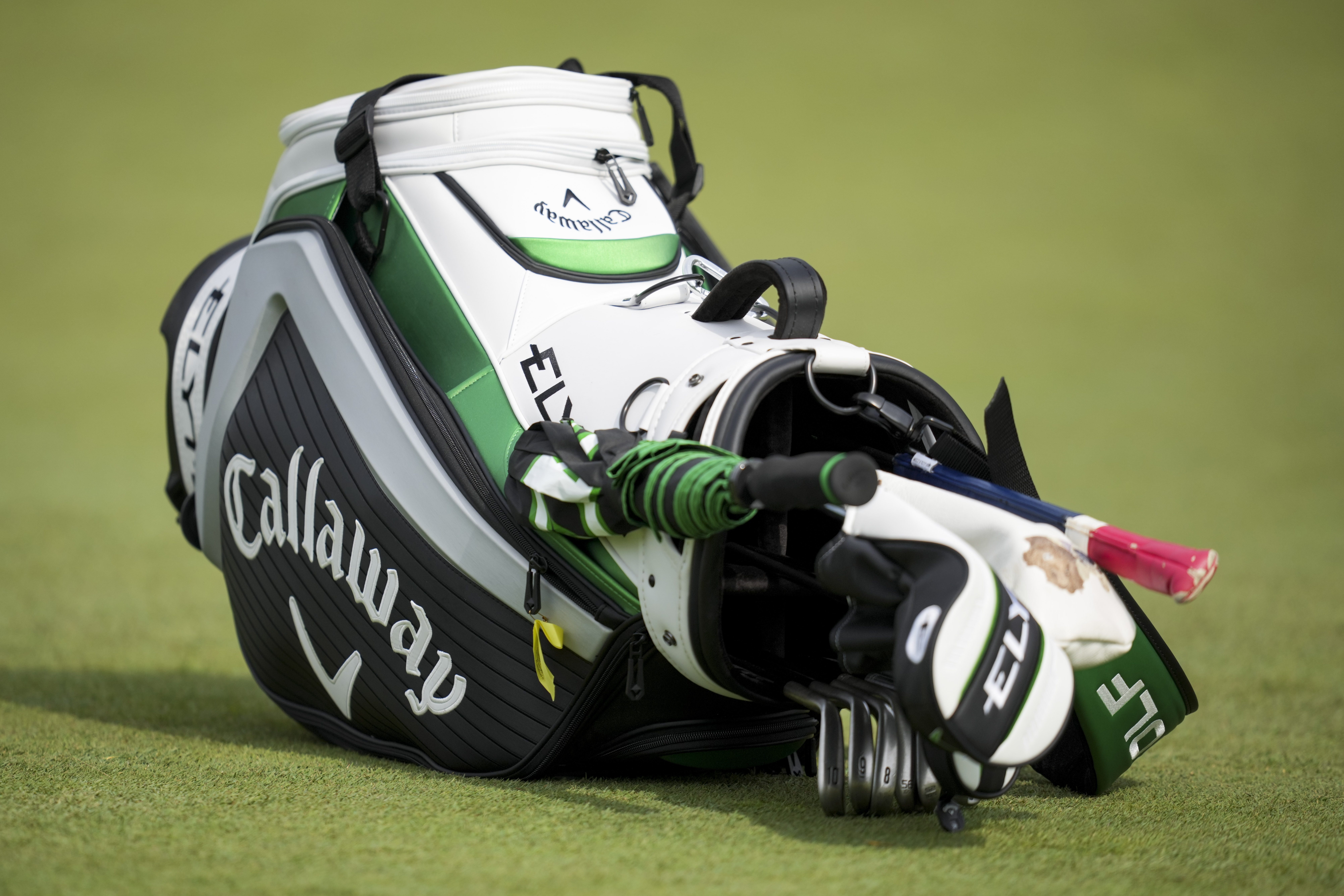 May 29, 2025; Dublin, Ohio, USA; A Callaway golf bag rests on the first green during the first round of the Memorial Tournament presented by Workday golf tournament. Mandatory Credit: Aaron Doster-Imagn Images
