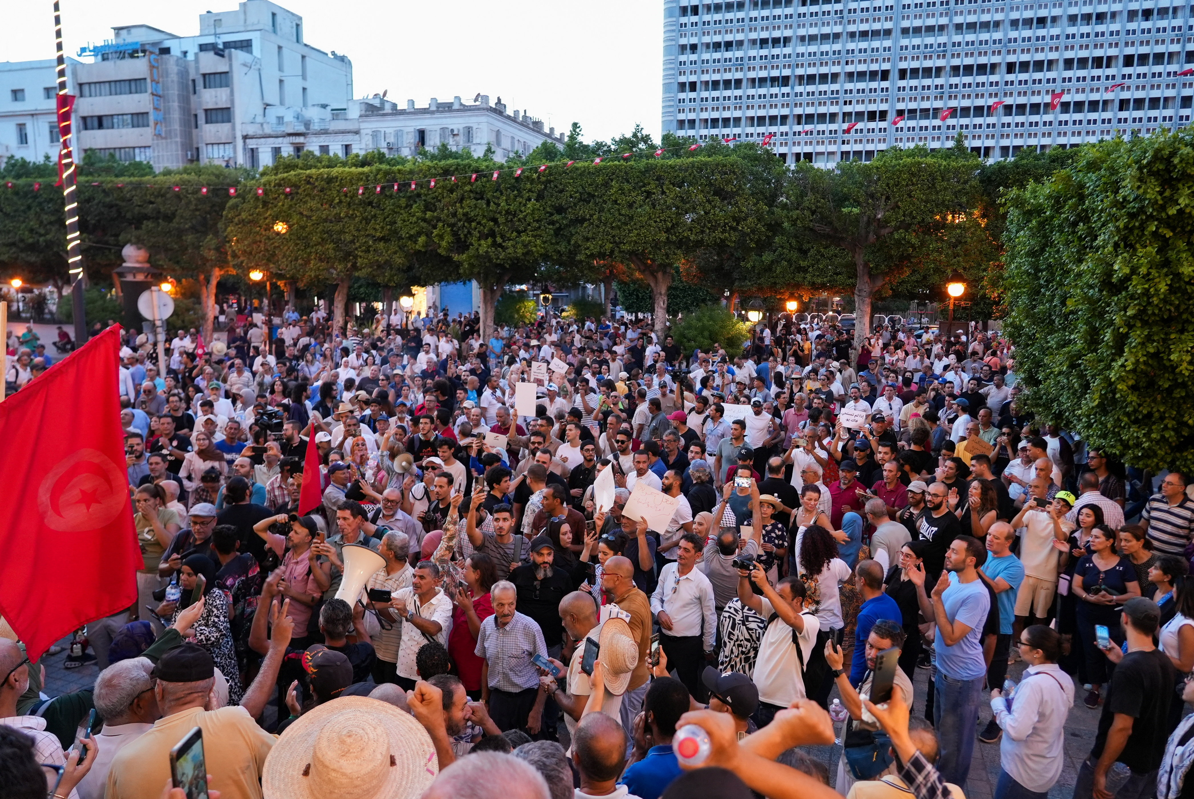 Tunisians protest against President Kais Saied in Tunis, demanding the restoration of democracy and the release of jailed activists and journalists amid growing anger over deteriorating living conditions and an economic crisis [Jihed Abidellaoui/Reuters]