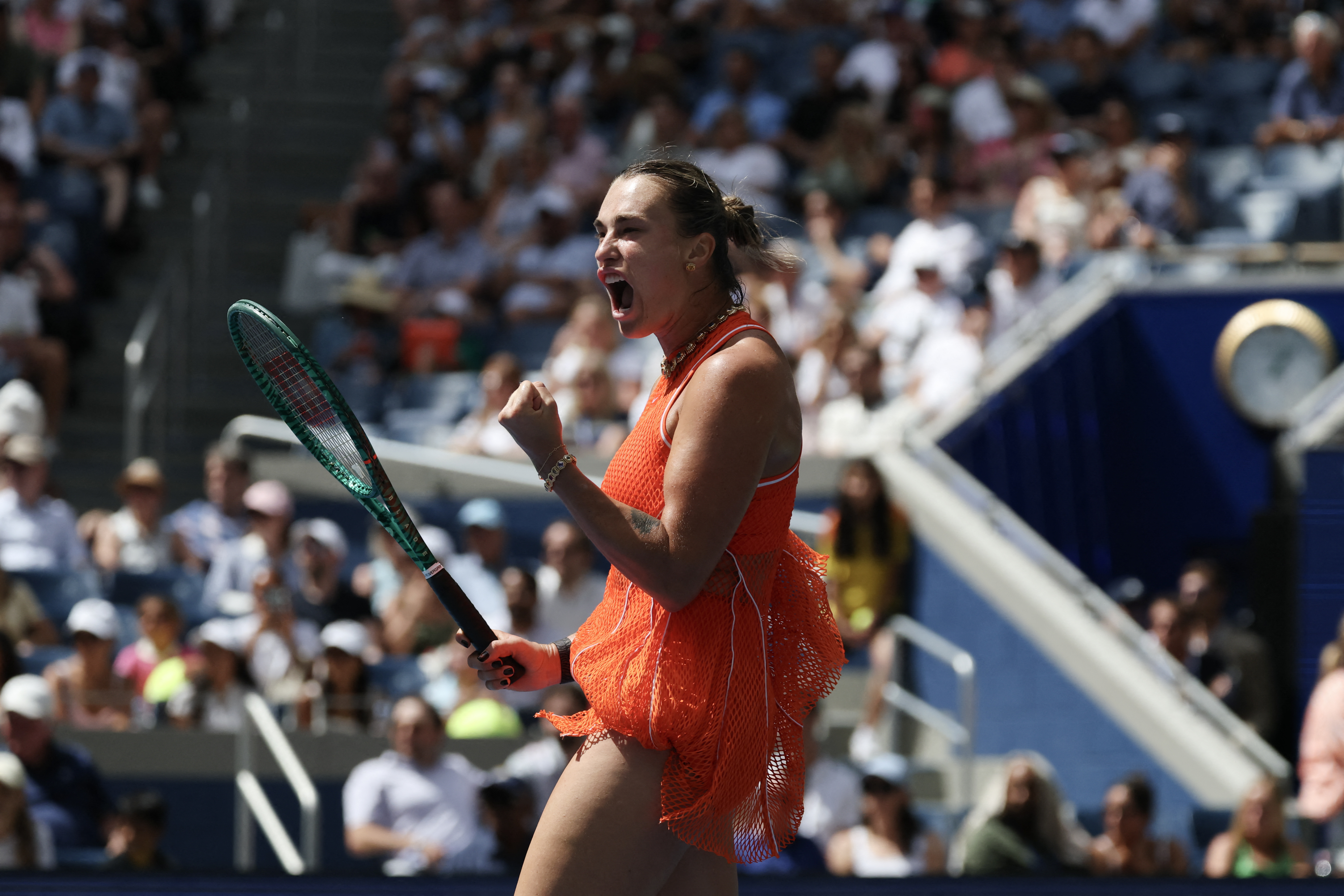 Belarus Aryna Sabalenka celebrate their victory over Colombias Camila Osorio during their women's singles first round tennis match on day two of the US Open tennis tournament at the USTA Billie Jean King National Tennis Center in New York on August 31, 2026. (Photo by TIMOTHY A. CLARY / AFP)