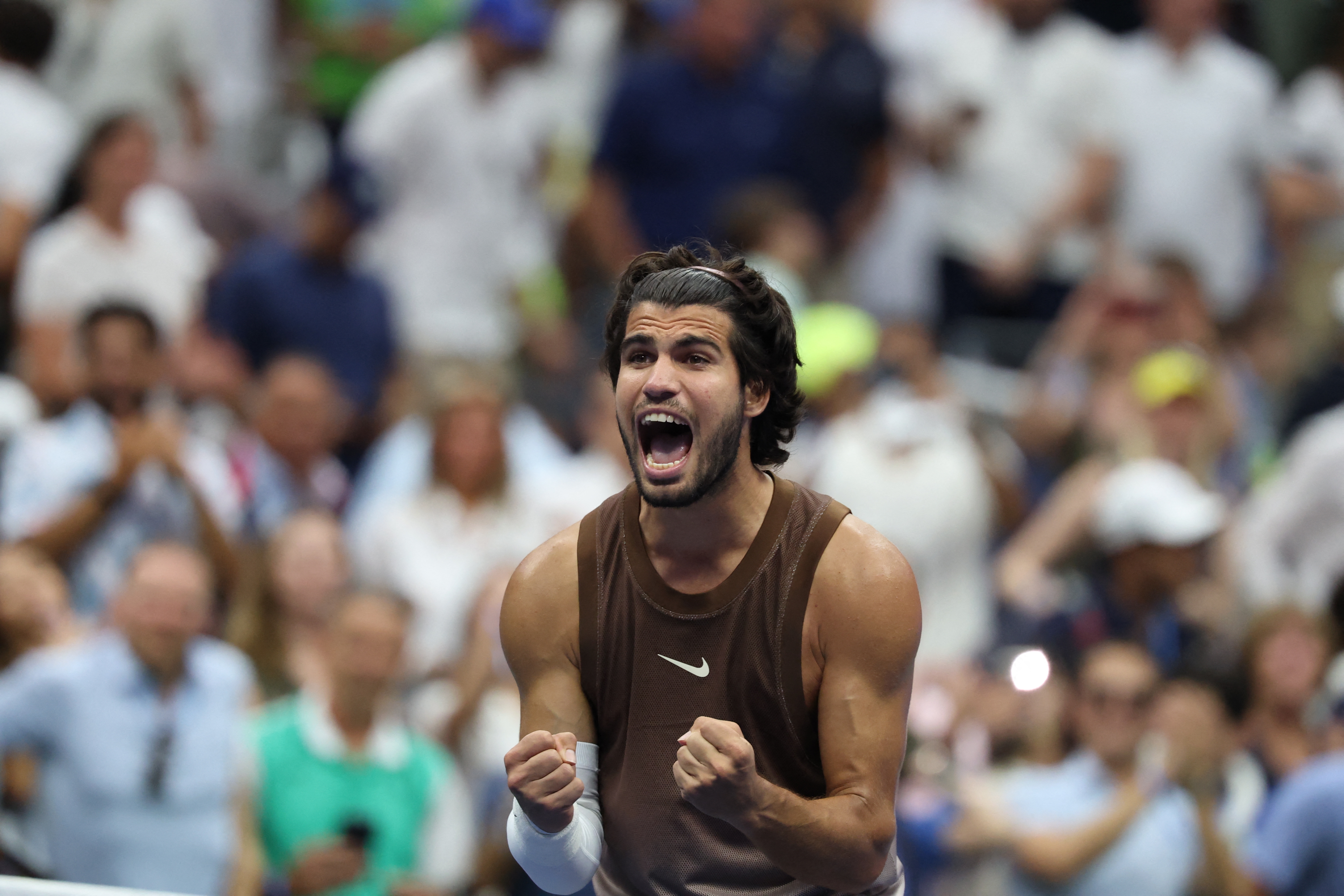 Spain's Carlos Alcaraz reacts after defeating Russia's Roman Safiullin.