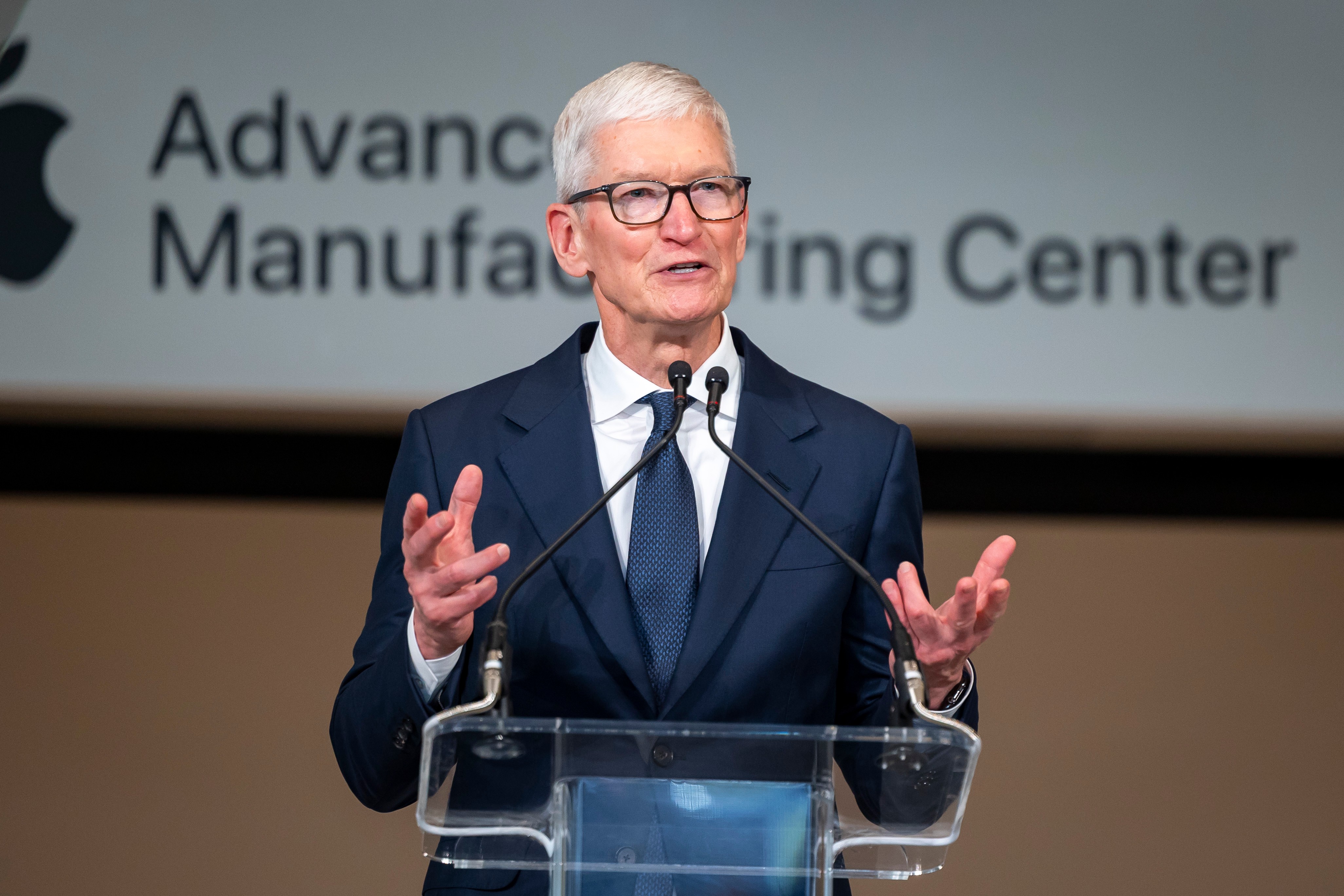 Apple CEO Tim Cook speaks to guests and officials during a ribbon-cutting ceremony for Apple’s Advanced Manufacturing Center in Houston, Texas, the US, on August 13, 2026